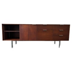 Mid century modern walnut chrome style of Knoll credenza cabinet