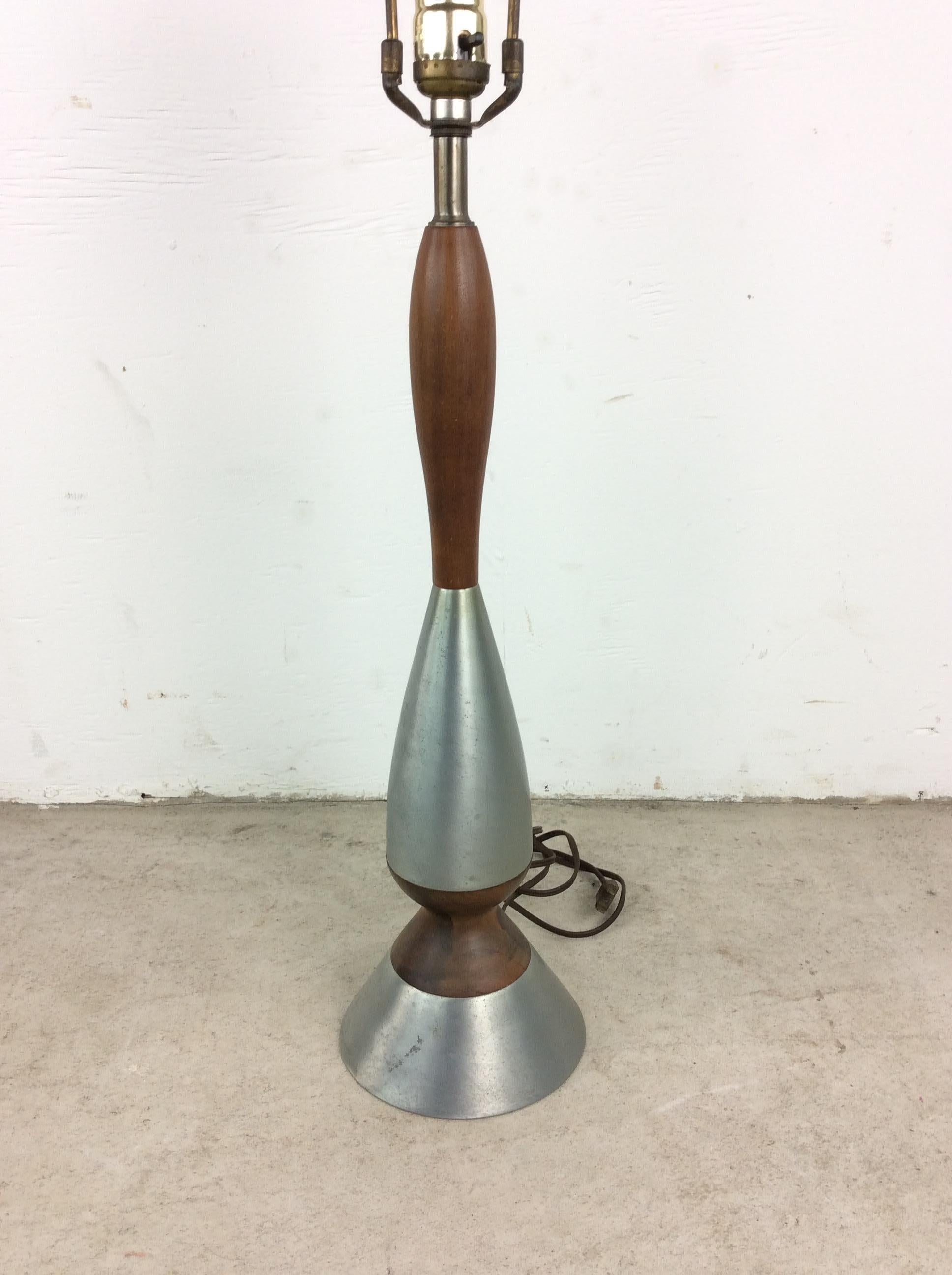 Mid Century Modern Walnut & Chrome Table Lamp with Barrel Shade For Sale 5