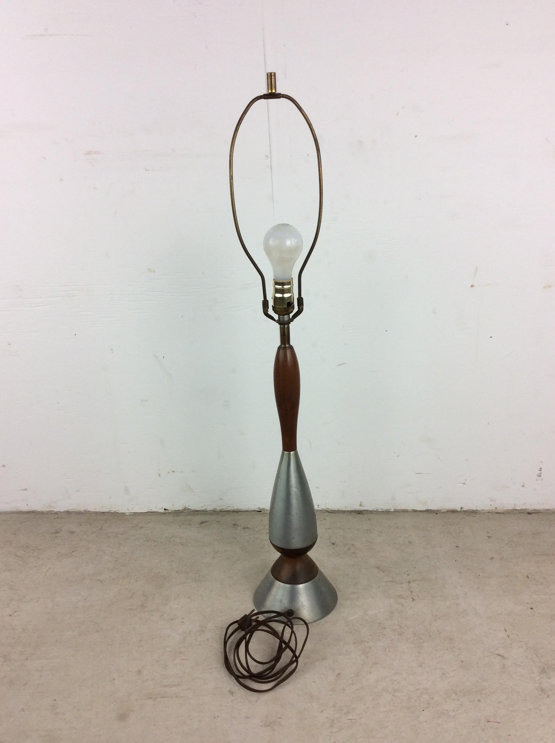 Mid Century Modern Walnut & Chrome Table Lamp with Barrel Shade For Sale 9