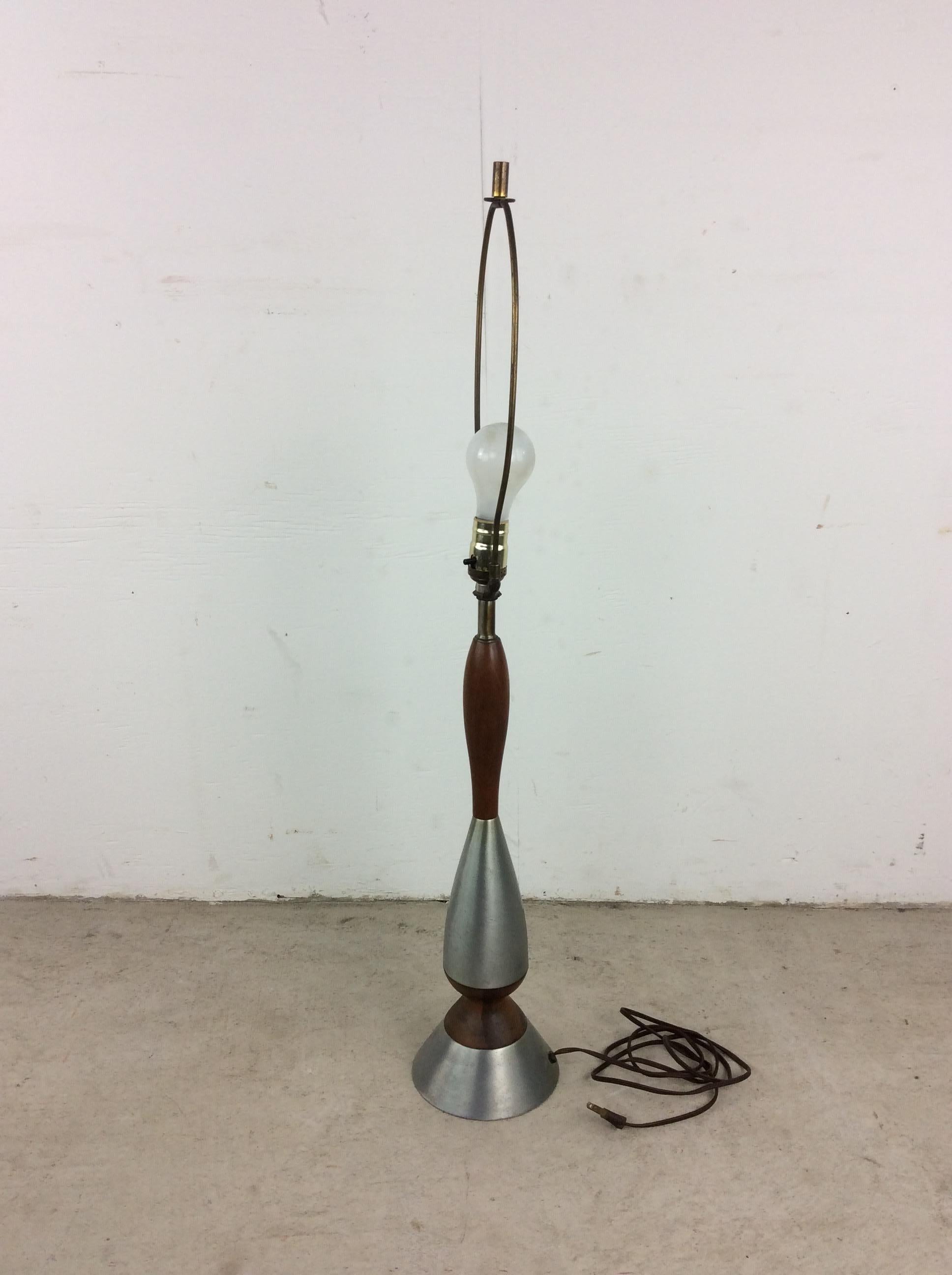 Mid Century Modern Walnut & Chrome Table Lamp with Barrel Shade For Sale 12