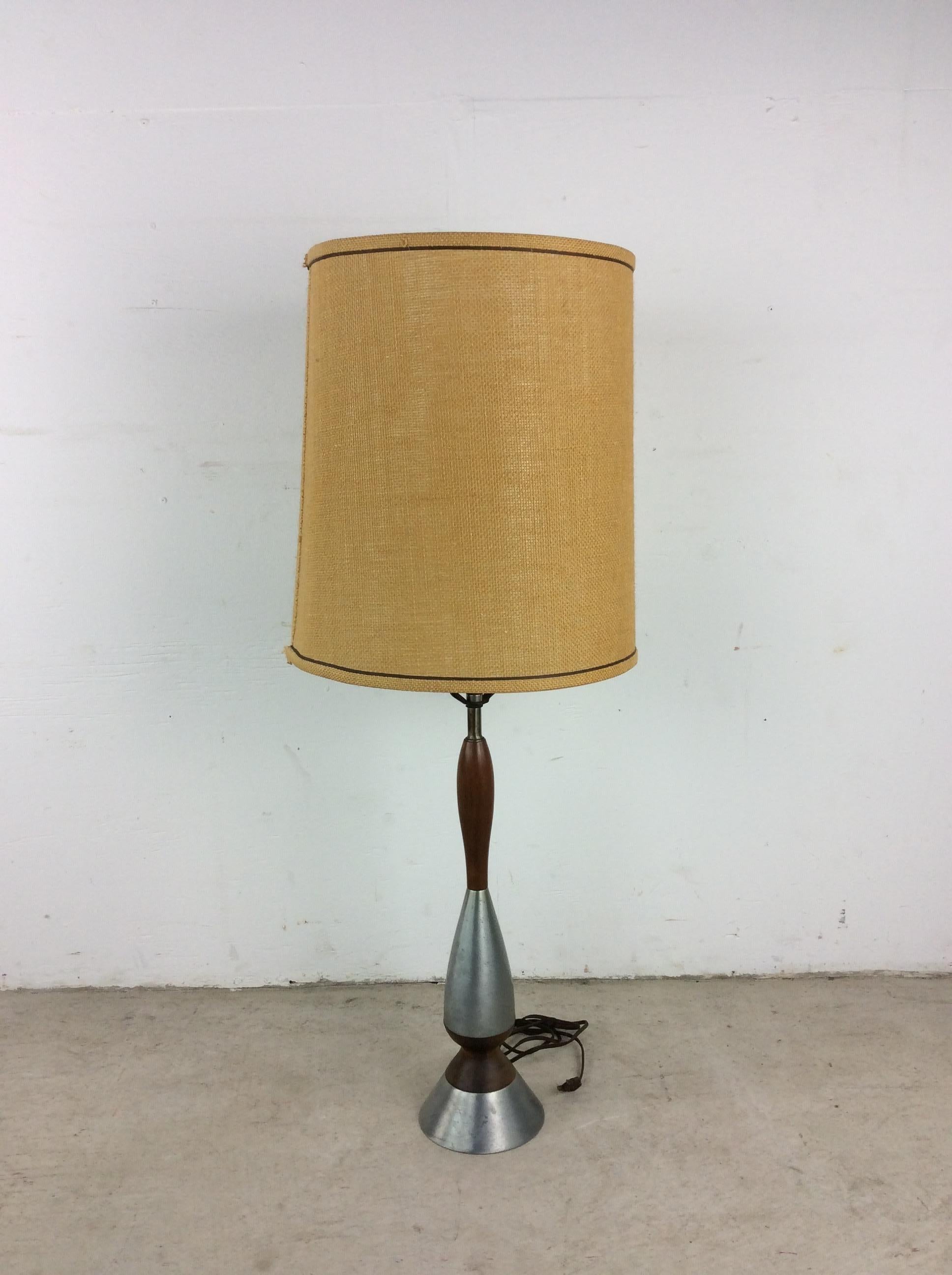 Mid Century Modern Walnut & Chrome Table Lamp with Barrel Shade For Sale 14