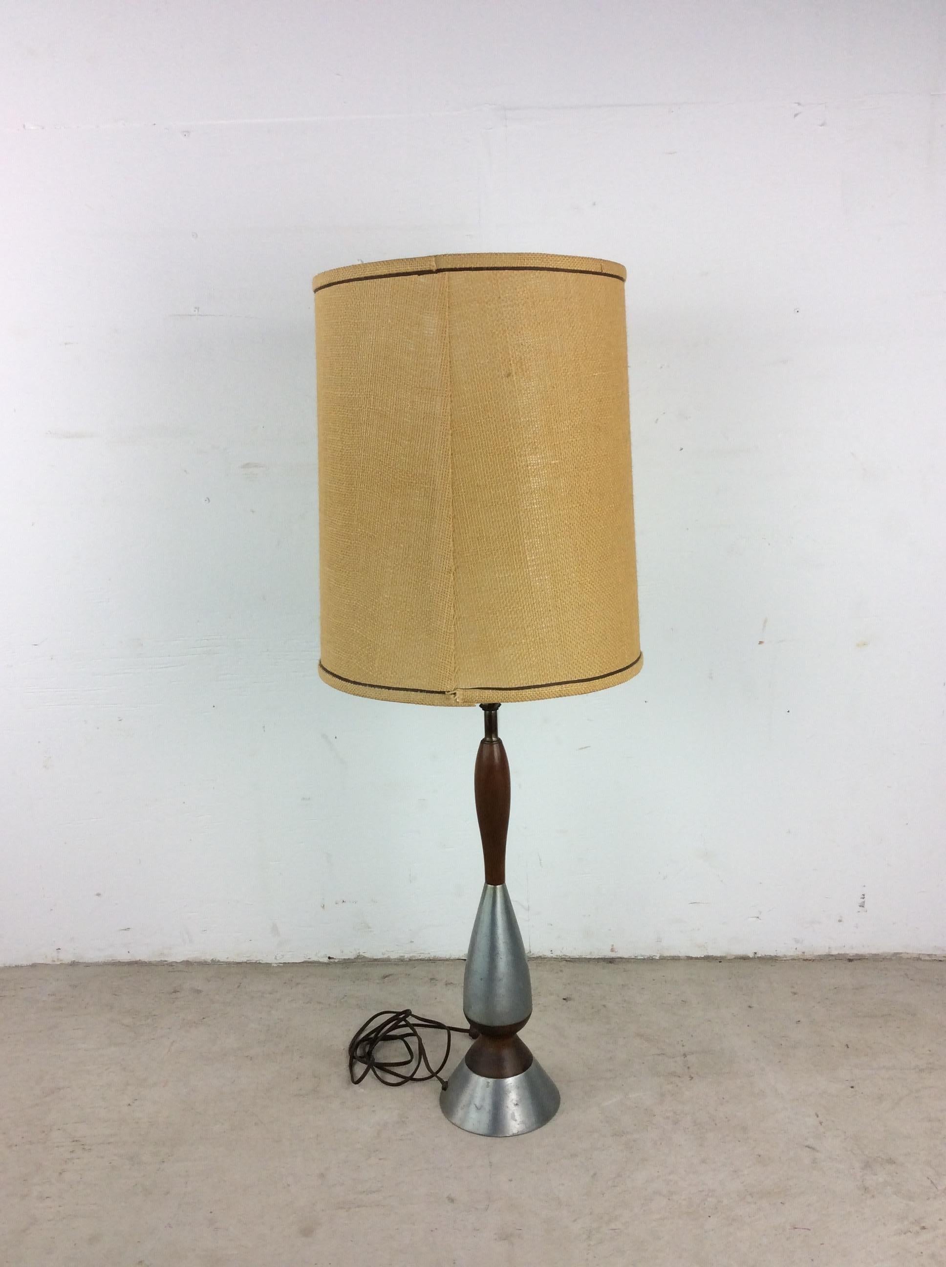 Mid Century Modern Walnut & Chrome Table Lamp with Barrel Shade For Sale 15