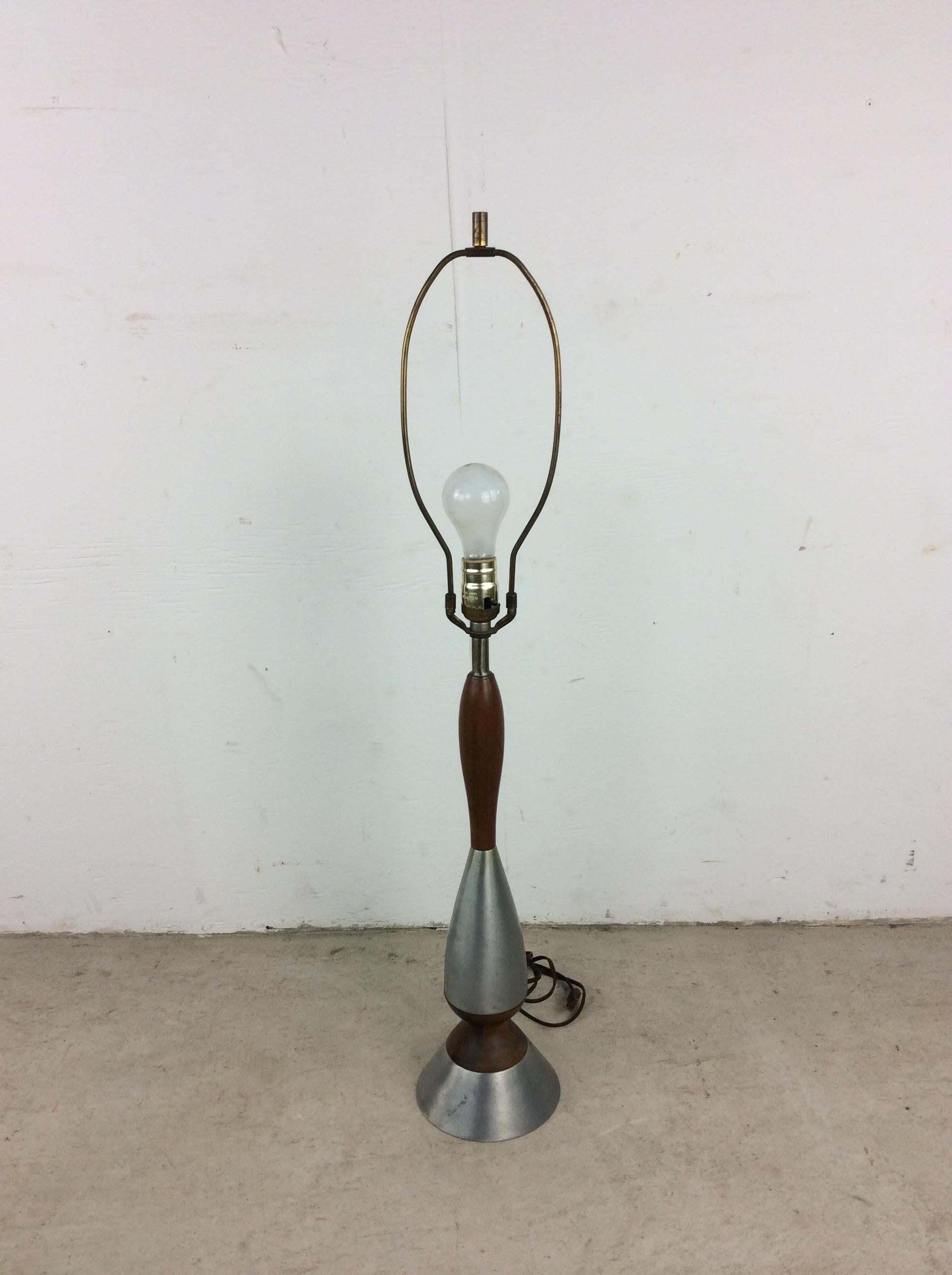 Mid Century Modern Walnut & Chrome Table Lamp with Barrel Shade For Sale 3