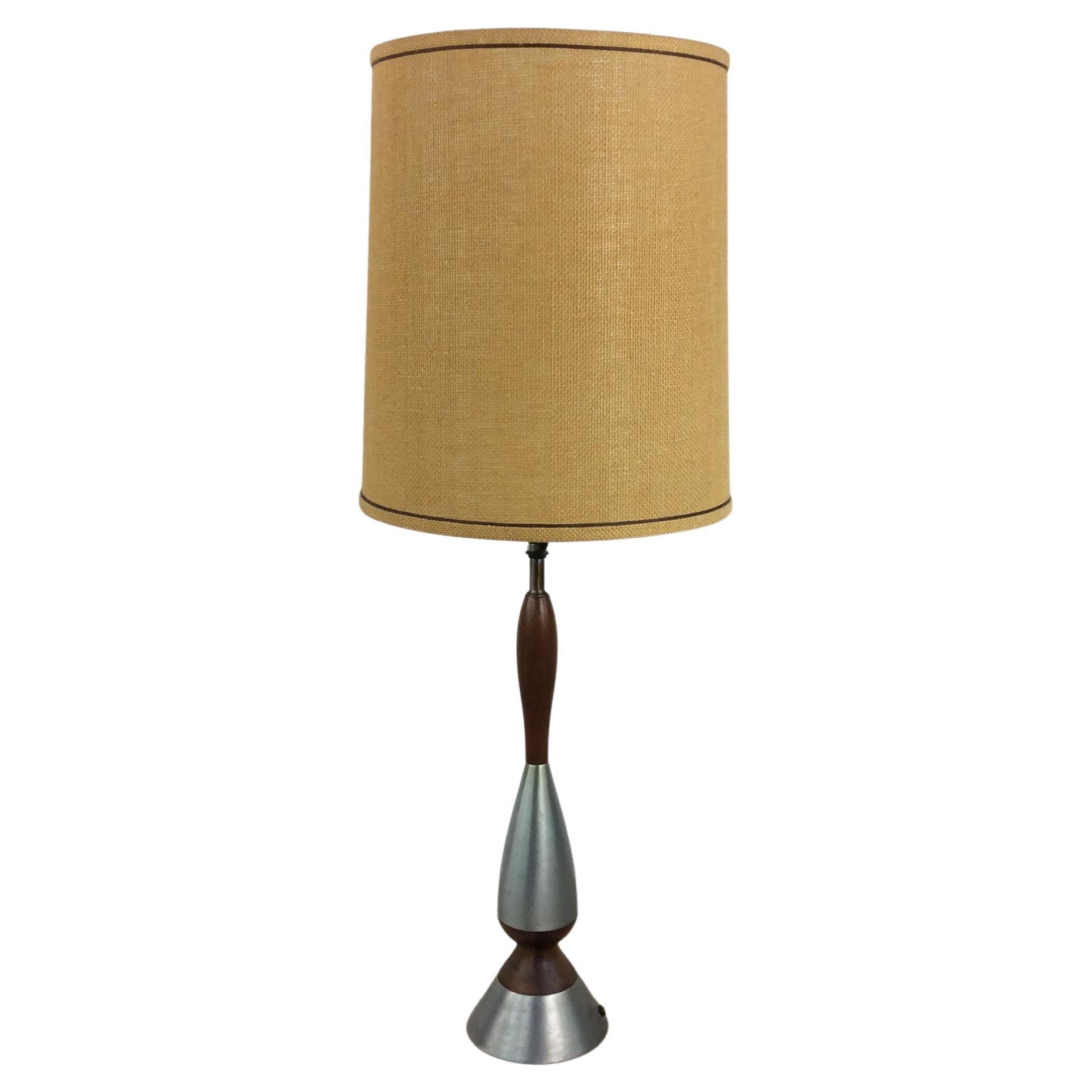 Mid Century Modern Walnut & Chrome Table Lamp with Barrel Shade For Sale