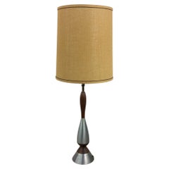 Vintage Mid Century Modern Walnut & Chrome Table Lamp with Barrel Shade
