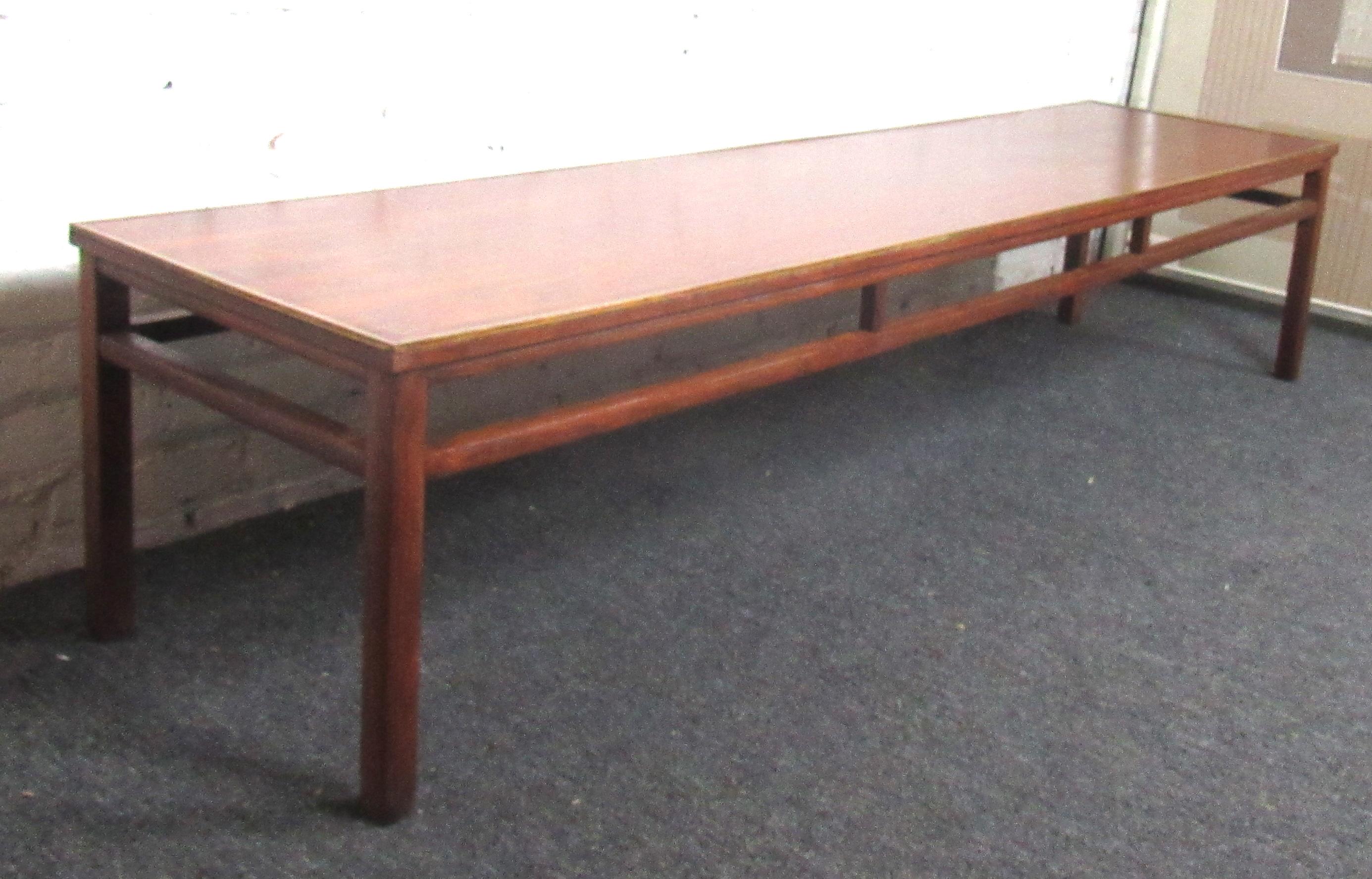 American Mid-Century Modern Walnut Coffee Table with Brass Trim by Imperial For Sale