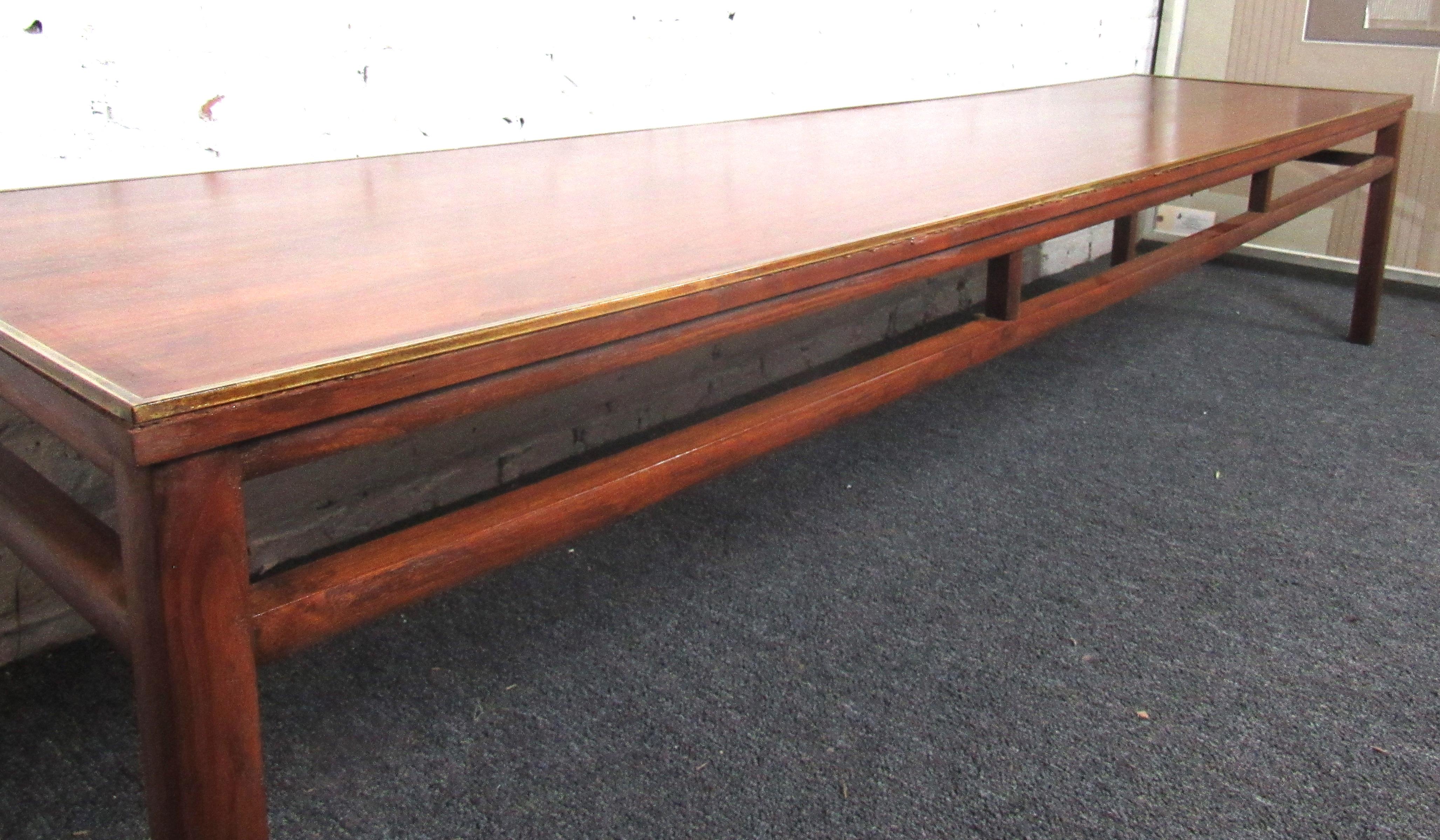 Mid-20th Century Mid-Century Modern Walnut Coffee Table with Brass Trim by Imperial For Sale
