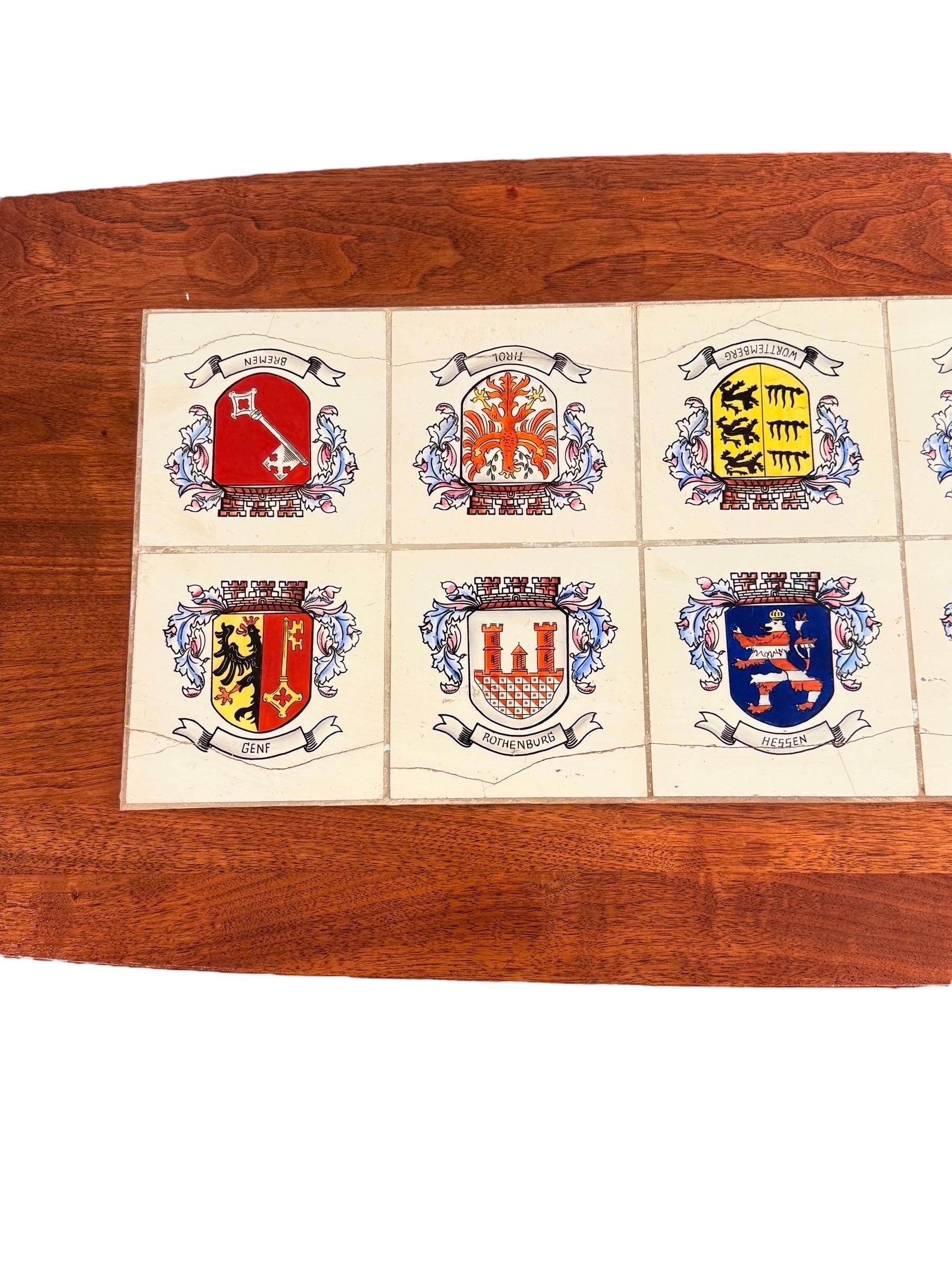 Mid-Century Modern Walnut Coffee Table with Heraldic Tile Inlay For Sale 5