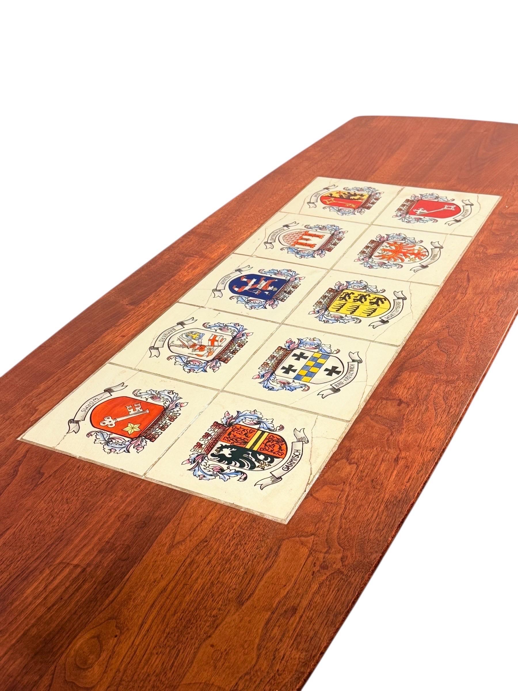 Mid-Century Modern Walnut Coffee Table with Heraldic Tile Inlay For Sale 6