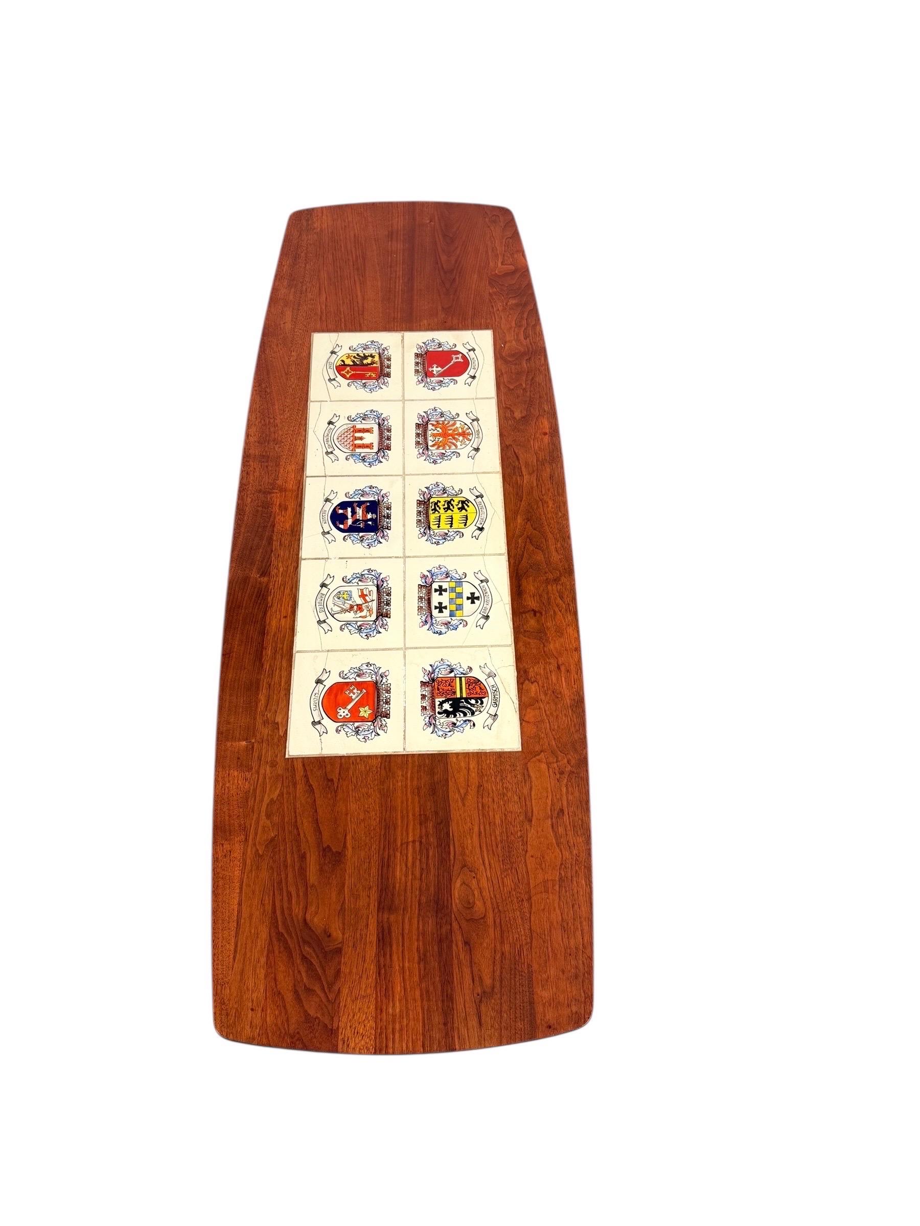 Mid-Century Modern Walnut Coffee Table with Heraldic Tile Inlay For Sale 7