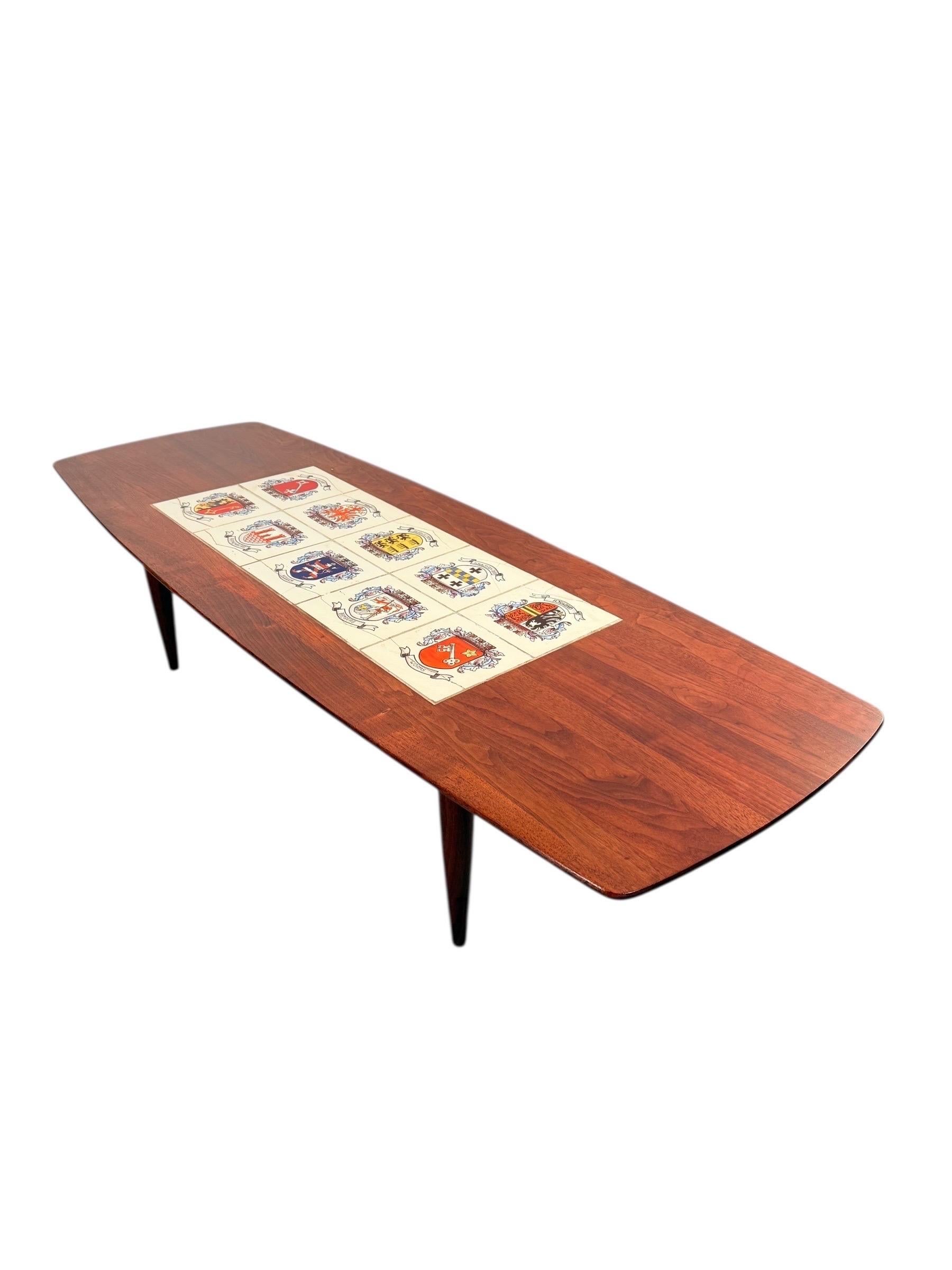 Mid-Century Modern Walnut Coffee Table with Heraldic Tile Inlay For Sale 8