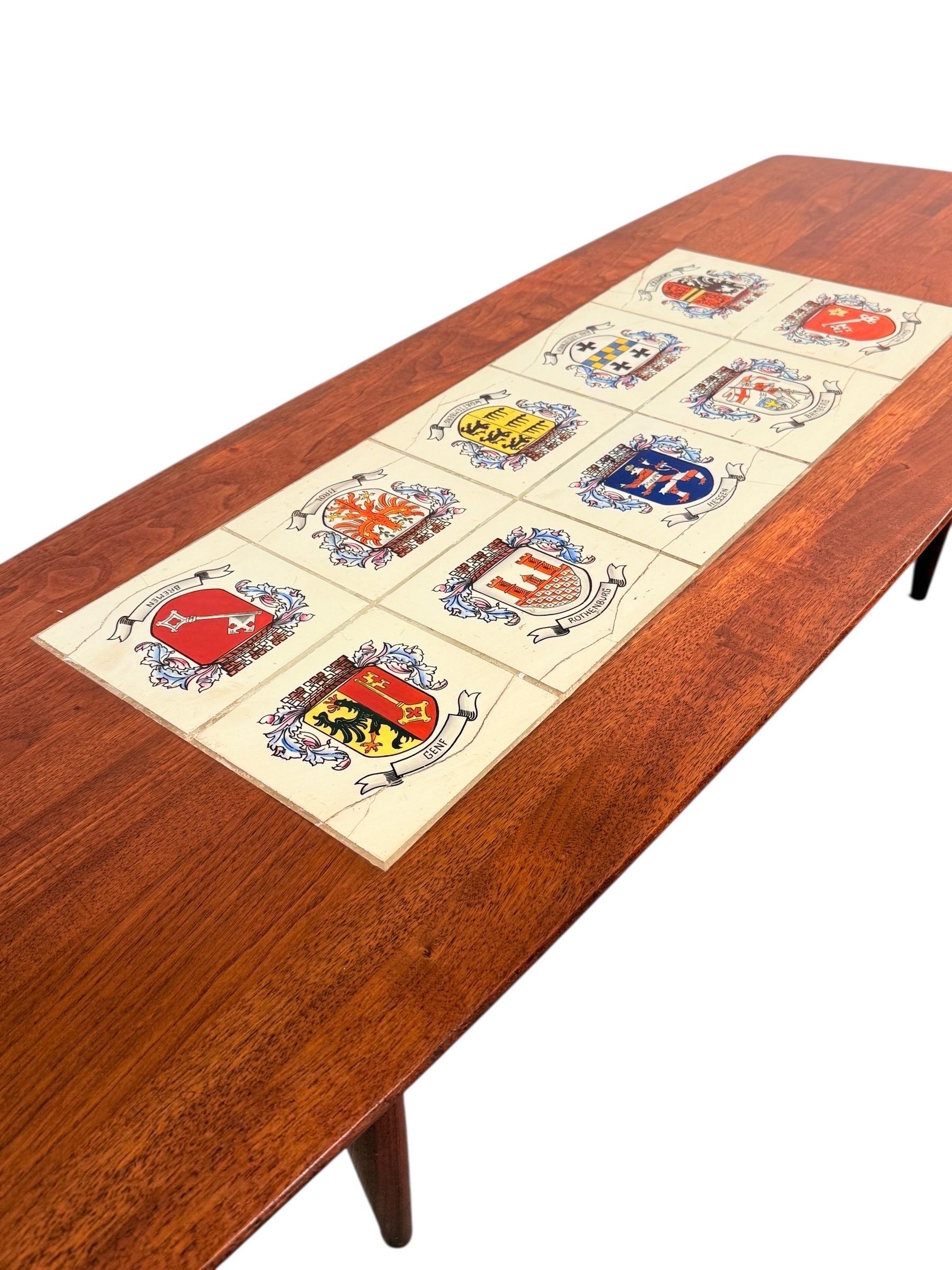 Mid-Century Modern Walnut Coffee Table with Heraldic Tile Inlay In Good Condition For Sale In Brooklyn, NY