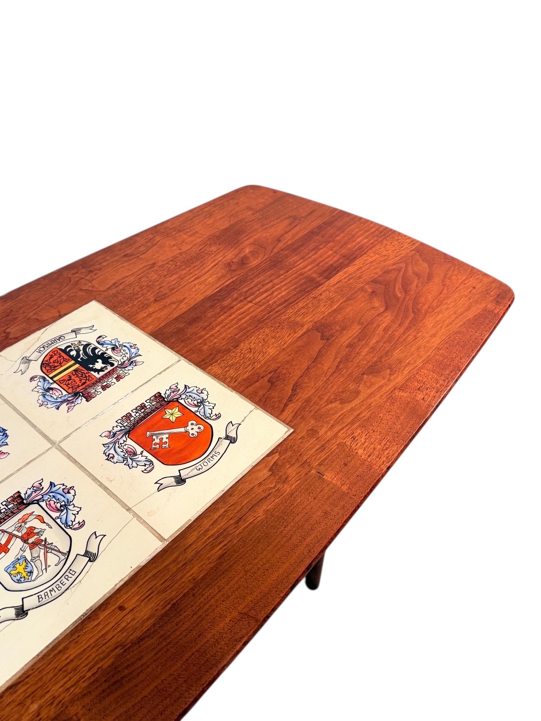 20th Century Mid-Century Modern Walnut Coffee Table with Heraldic Tile Inlay For Sale