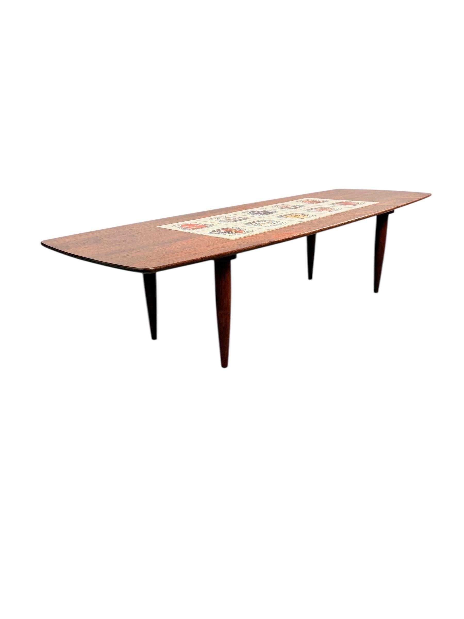 Mid-Century Modern Walnut Coffee Table with Heraldic Tile Inlay For Sale 1