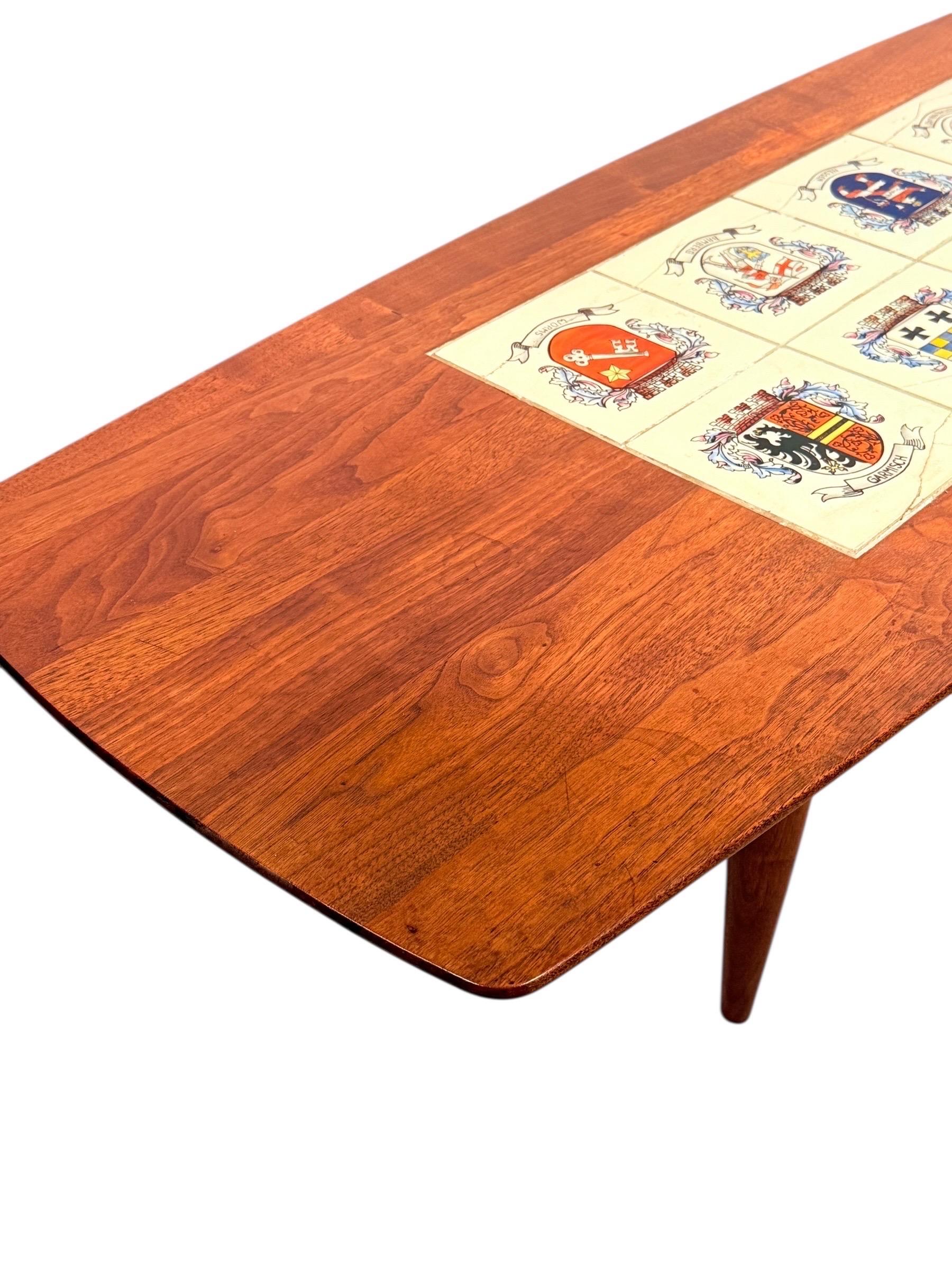 Mid-Century Modern Walnut Coffee Table with Heraldic Tile Inlay For Sale 2