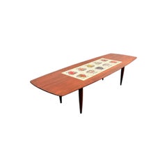 Mid-Century Modern Walnut Coffee Table with Heraldic Tile Inlay