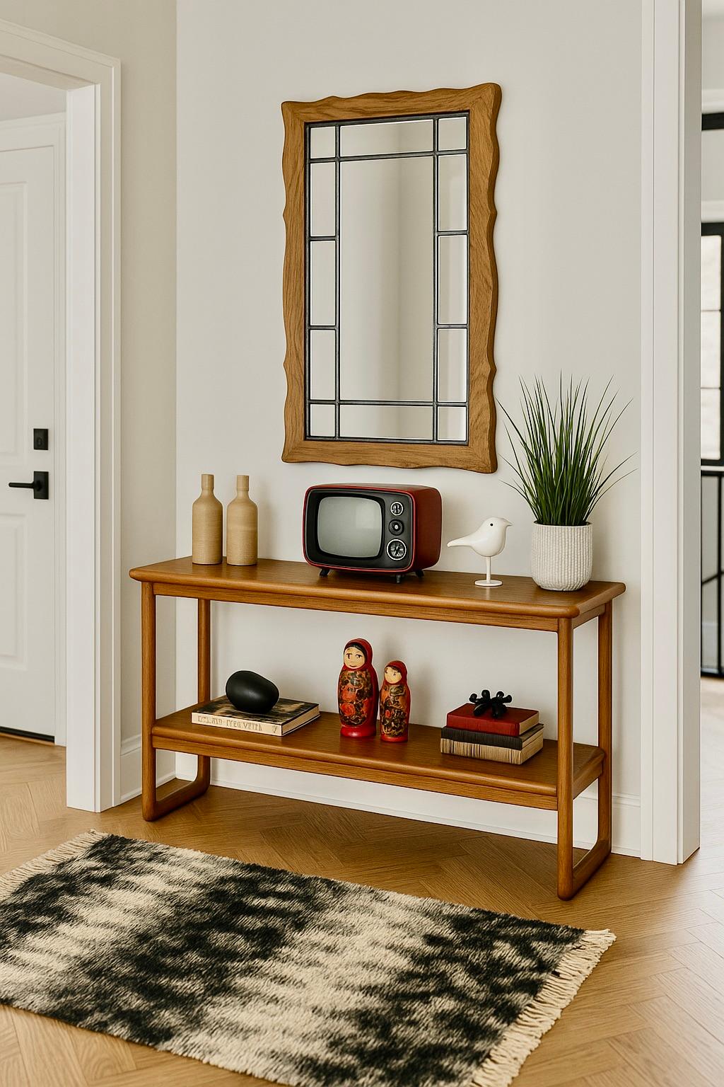 Mid Century Modern Walnut Console Table by Lane Furniture Co., c. 1960's. This simple and sleek table is perfect for placing behind a sofa or in a hallway or entryway with your favorite vase, lamp or other décor on top. Freshly refinished with