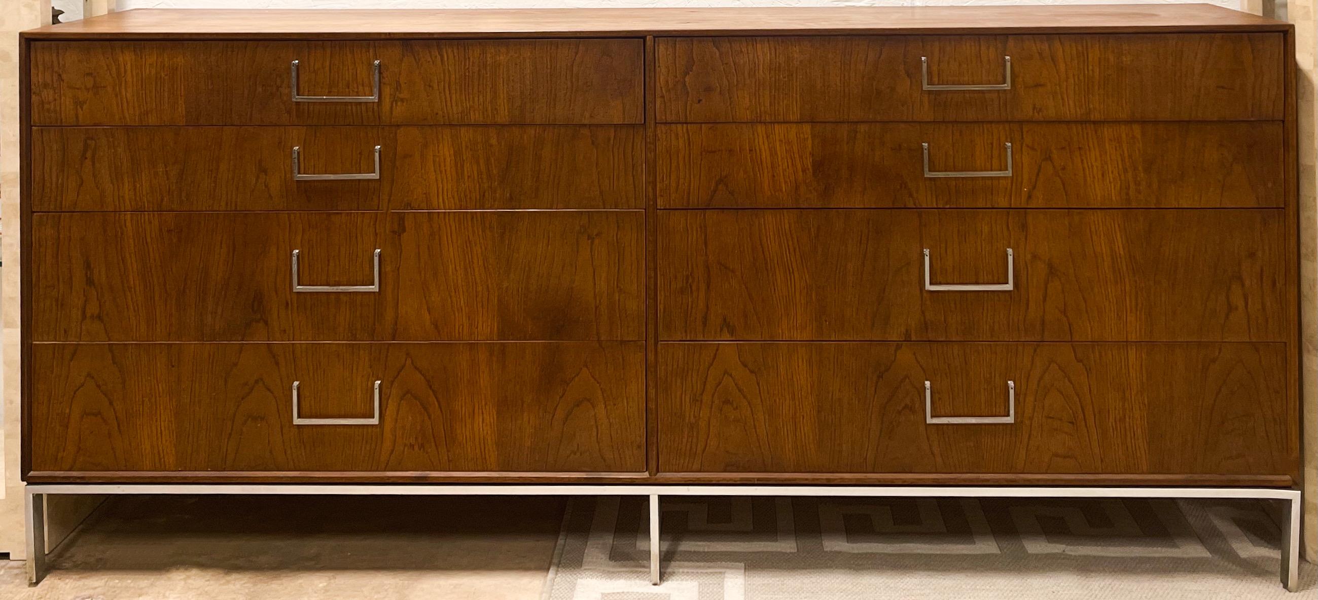 Chrome Mid-Century Modern Walnut Credenza / Chest of Drawers Att. to Florence Knoll For Sale