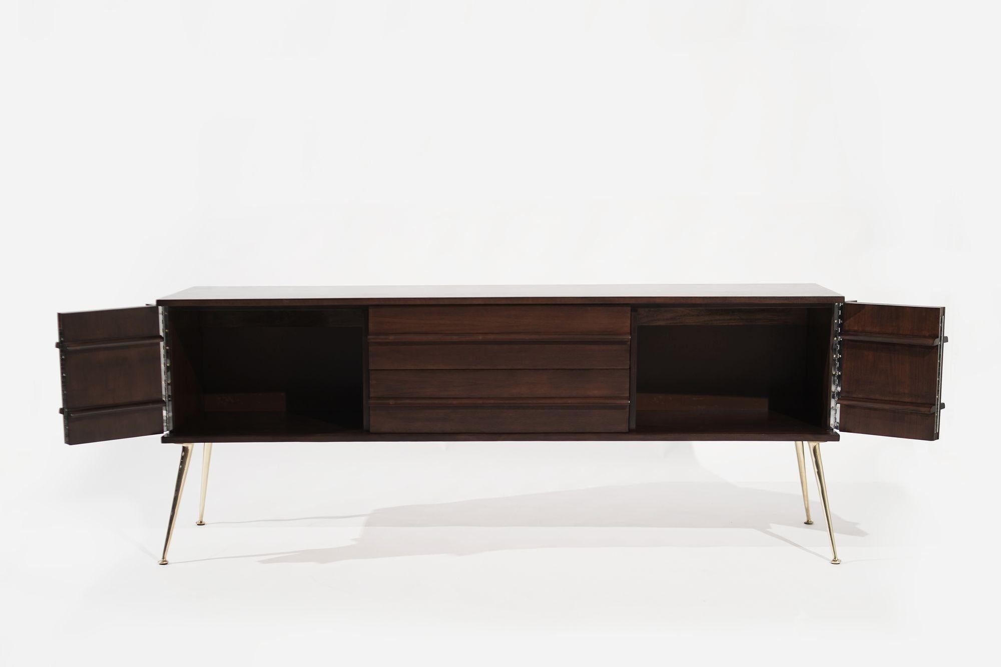 American Mid Century Modern Walnut Credenza on Brass Legs, C. 1960s. For Sale