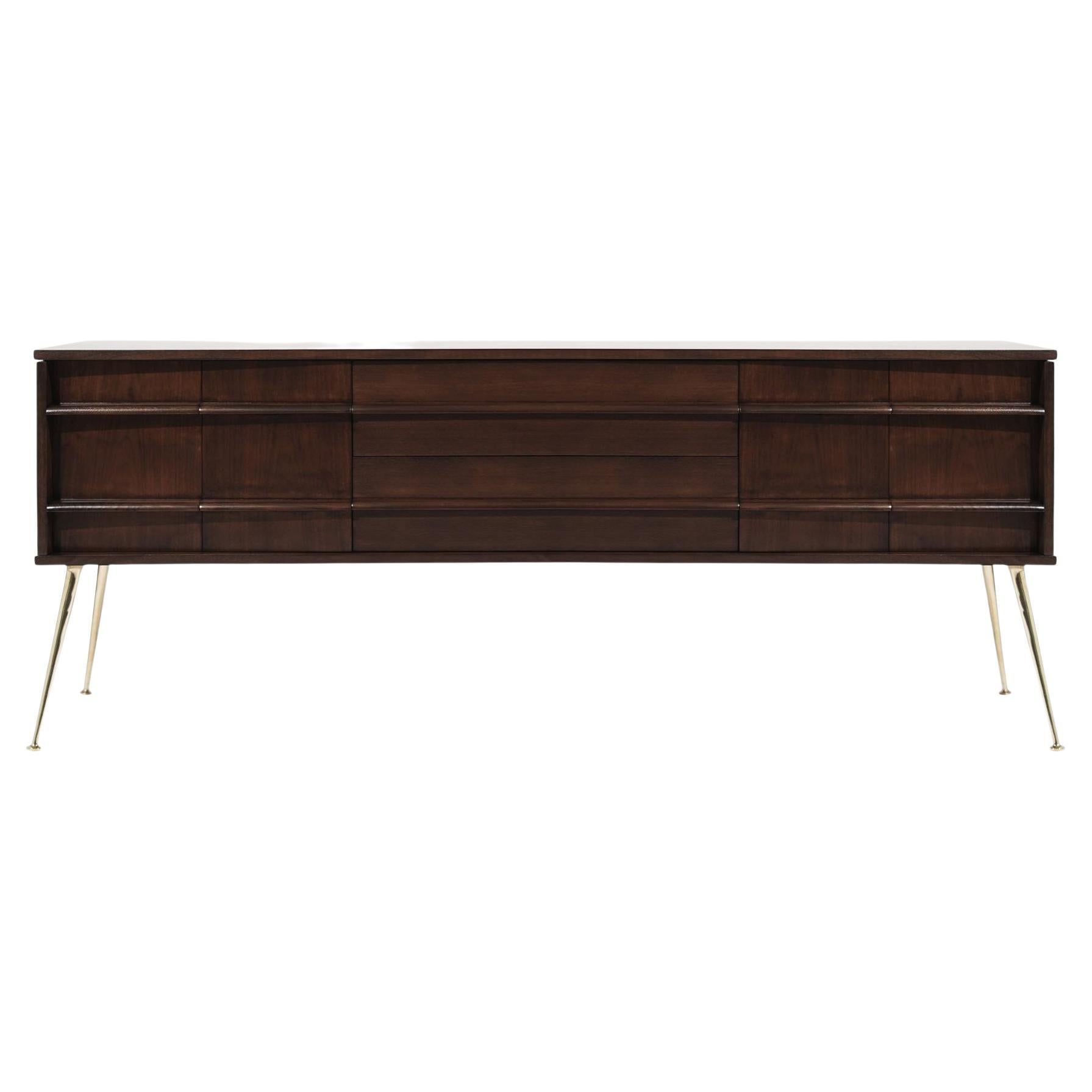 Mid Century Modern Walnut Credenza on Brass Legs, C. 1960s. For Sale