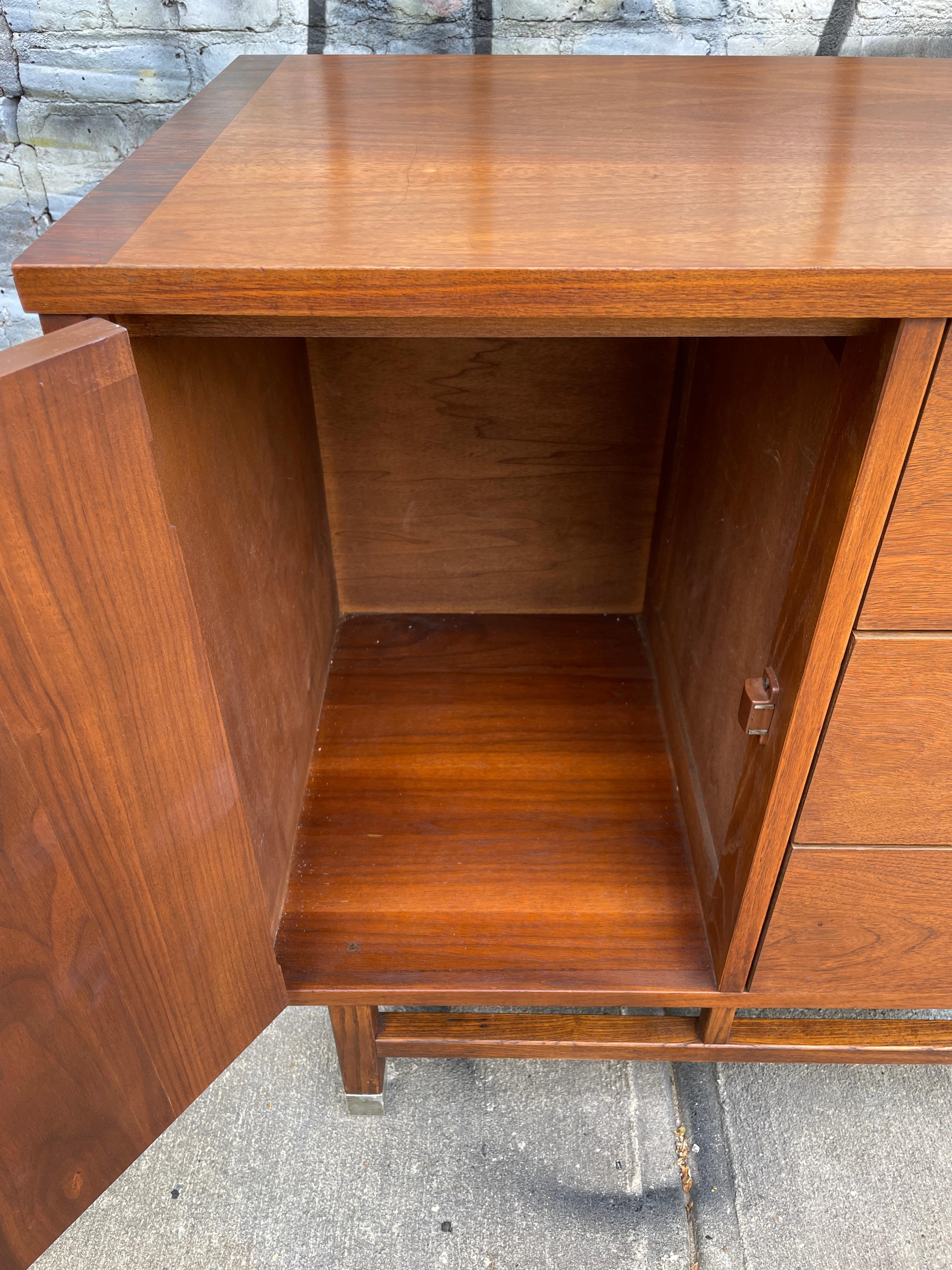 American Mid-Century Modern Walnut Credenza with Aluminum Pulls by Stanley