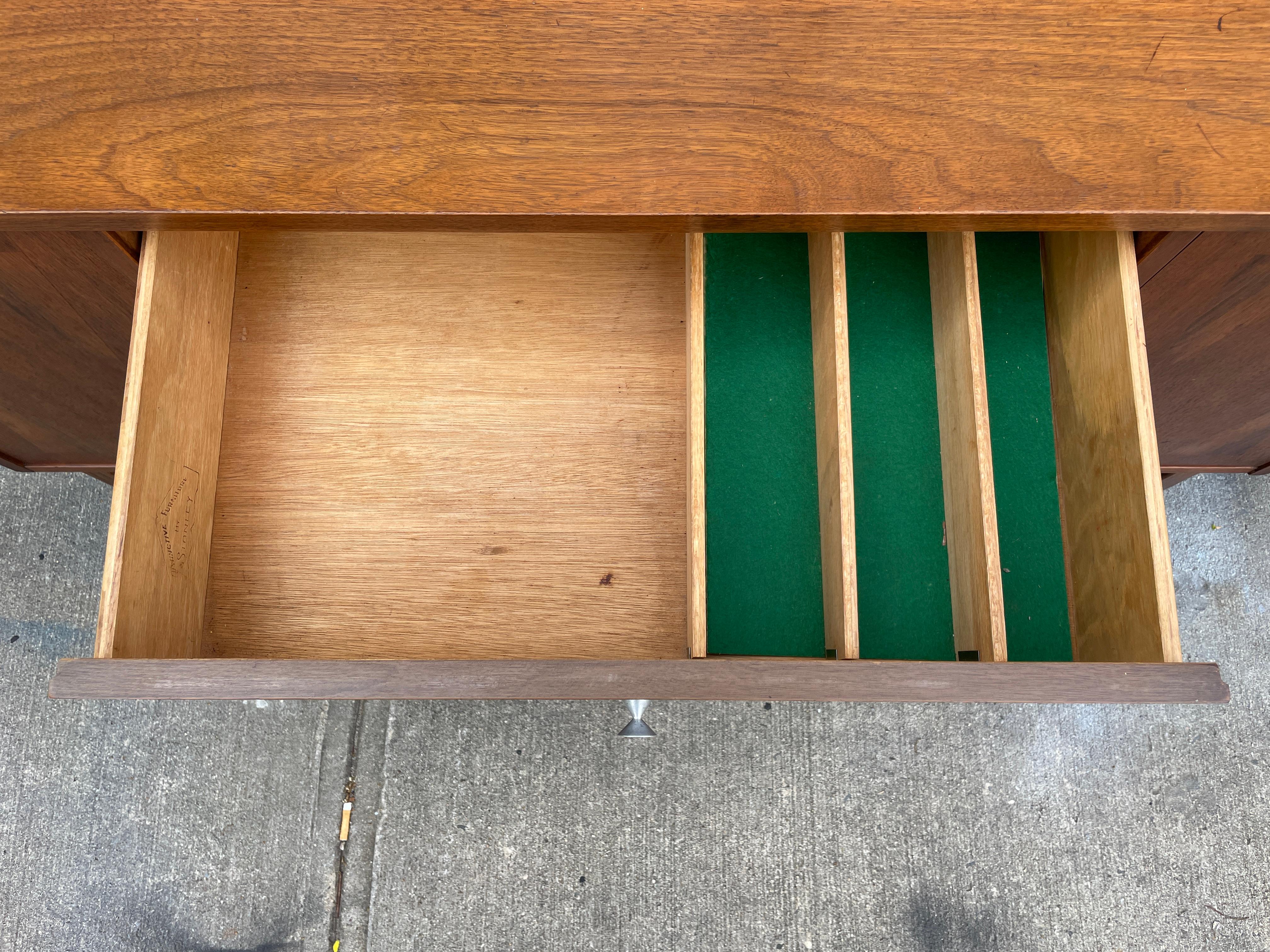 Woodwork Mid-Century Modern Walnut Credenza with Aluminum Pulls by Stanley