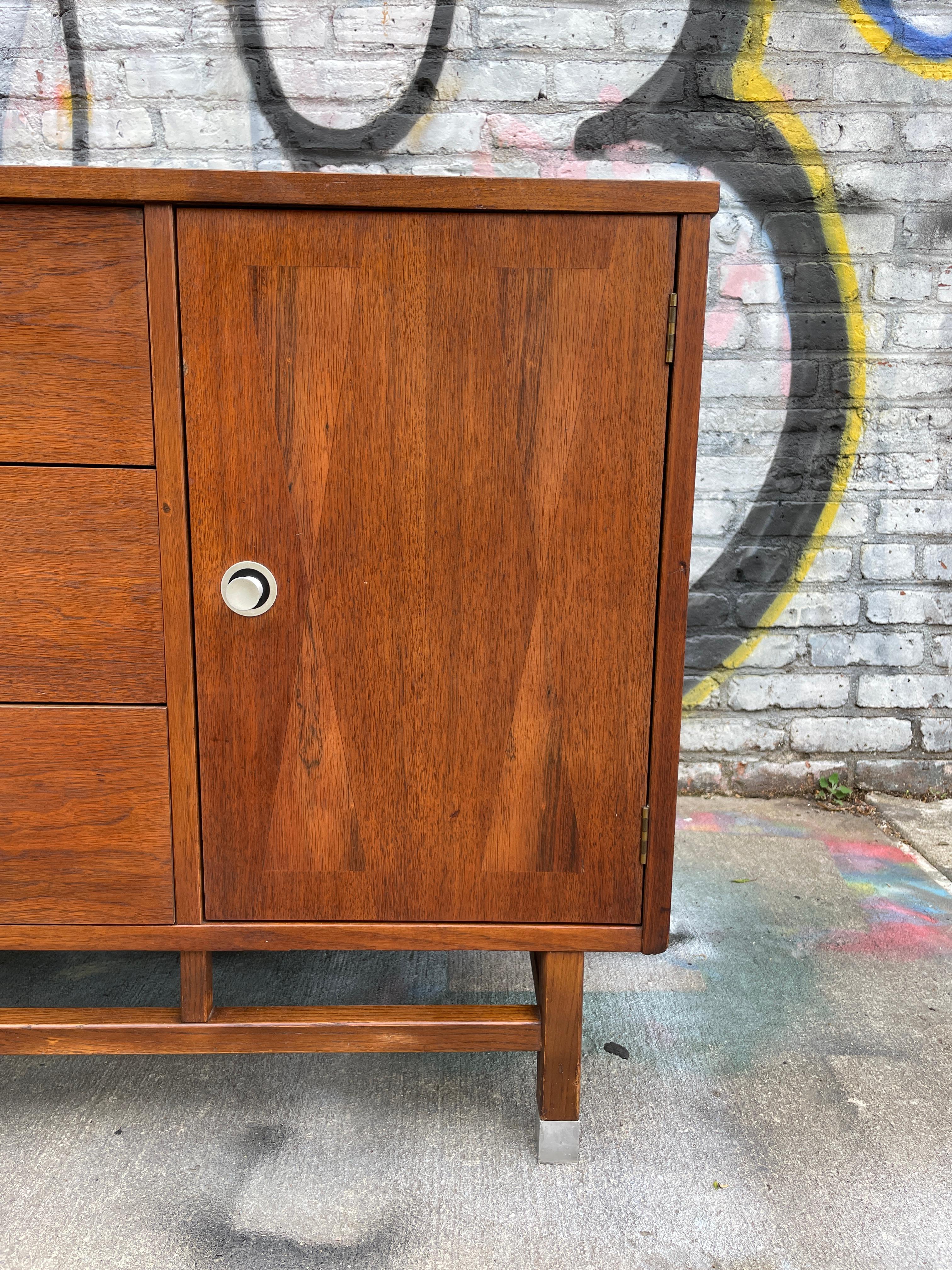 Mid-20th Century Mid-Century Modern Walnut Credenza with Aluminum Pulls by Stanley