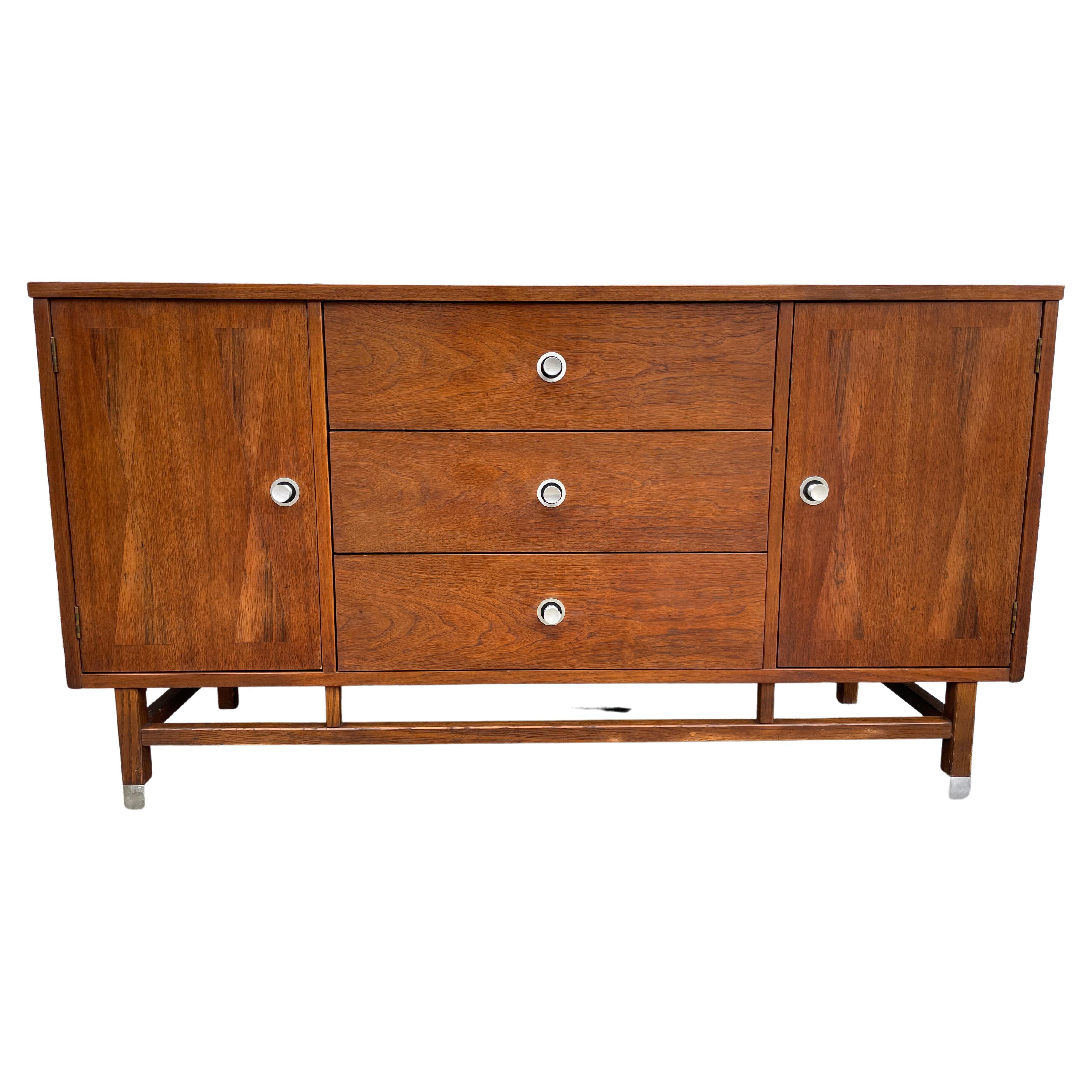 Mid-Century Modern Walnut Credenza with Aluminum Pulls by Stanley