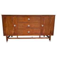 Mid-Century Modern Walnut Credenza with Aluminum Pulls by Stanley