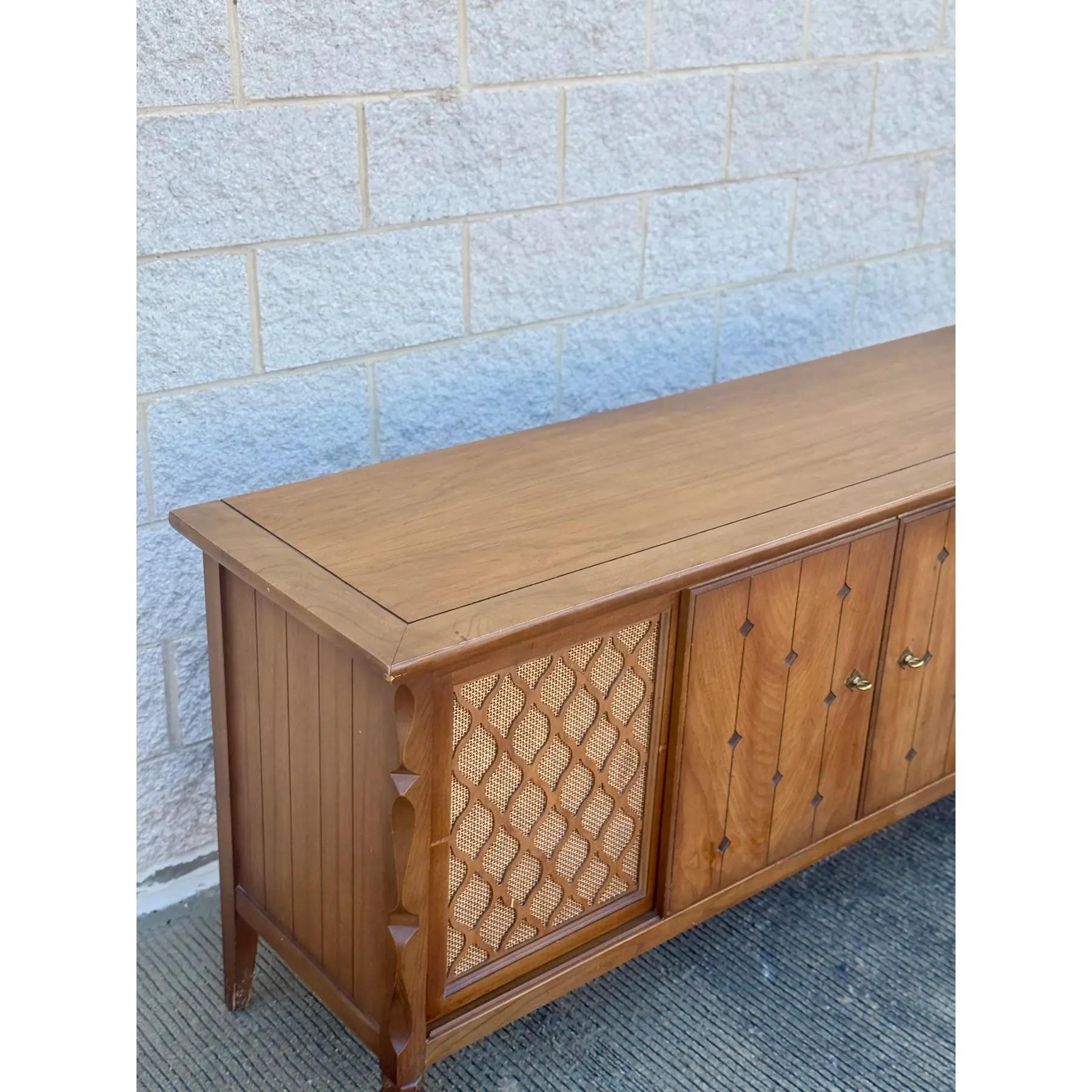 Late 20th Century Mid-Century Modern Walnut Credenza With Cane Door Panels For Sale
