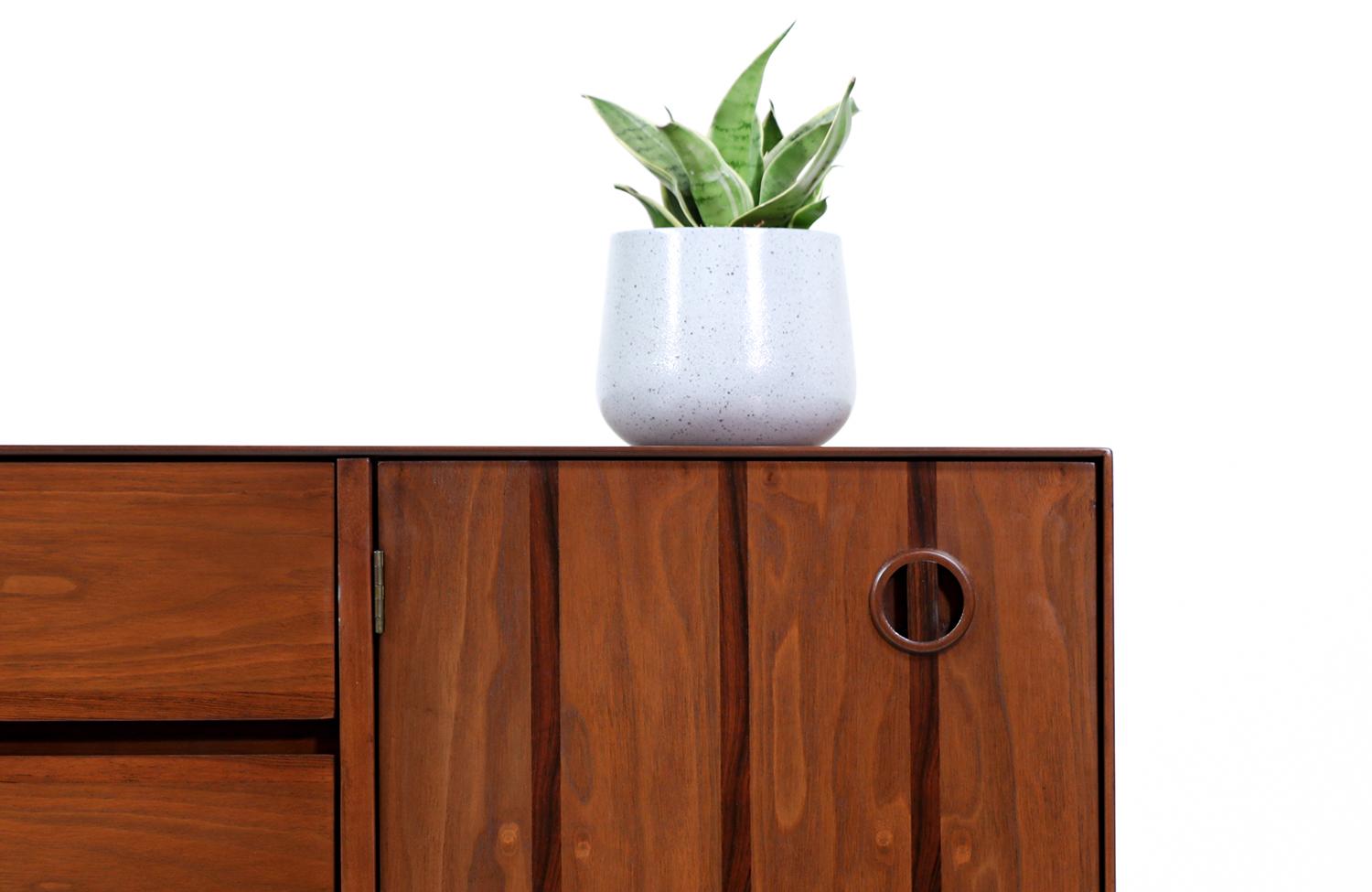 Wood Mid-Century Modern Walnut Credenza with Rosewood Inlaid by Stanley Furniture