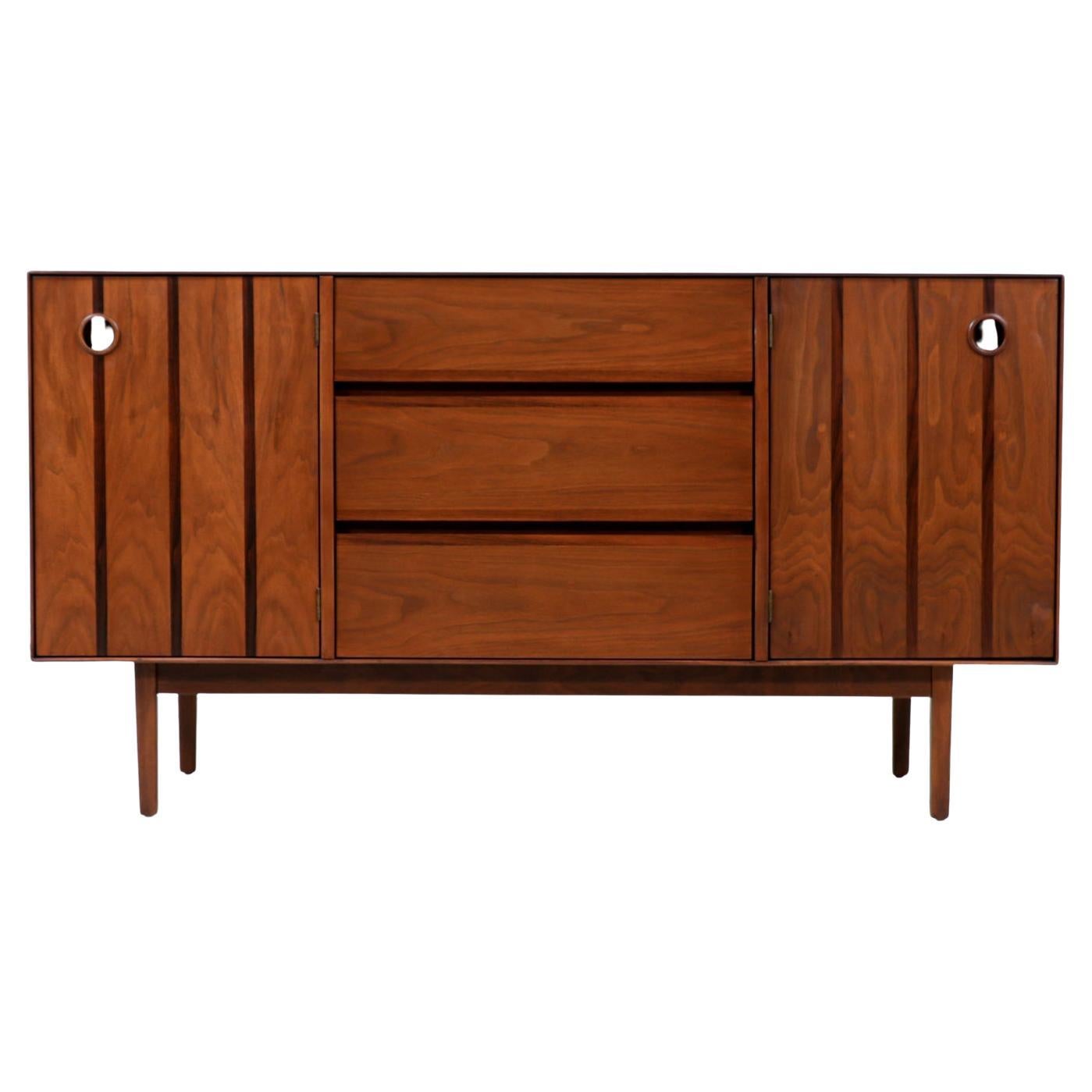 Mid-Century Modern Walnut Credenza with Rosewood Inlaid by Stanley Furniture