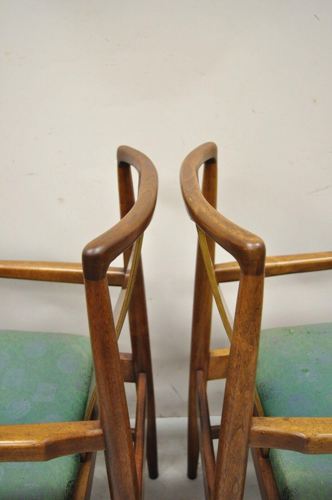 Mid-Century Modern Walnut Curved Angled Back Dining Arm Chairs - a Pair In Good Condition For Sale In Philadelphia, PA