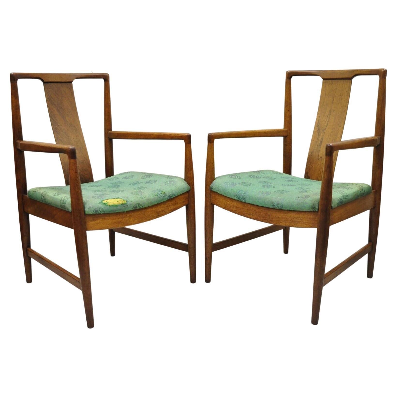 Mid-Century Modern Walnut Curved Angled Back Dining Arm Chairs - a Pair