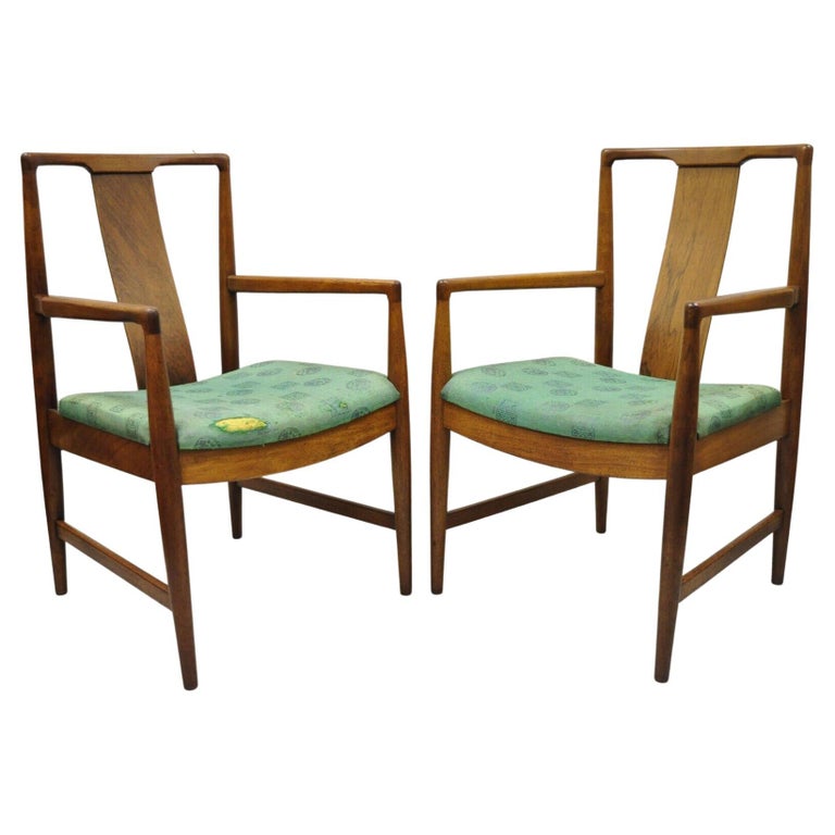 MidCentury Modern Walnut Curved Angled Back Dining Arm Chairs a Pair