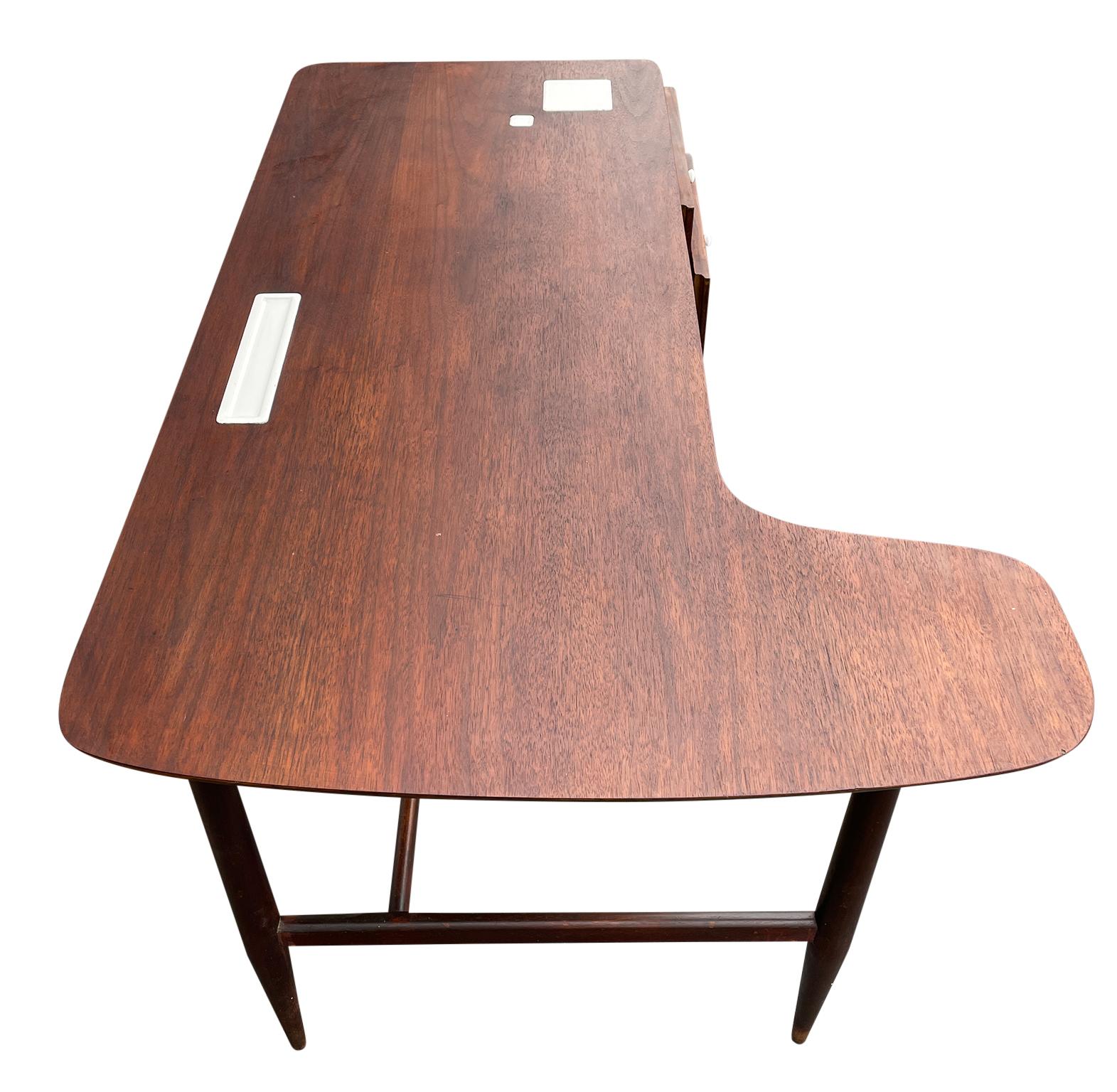 Mid-Century Modern Walnut Curved Top Desk with 2 Drawers Ceramic Tiles & Knobs 1