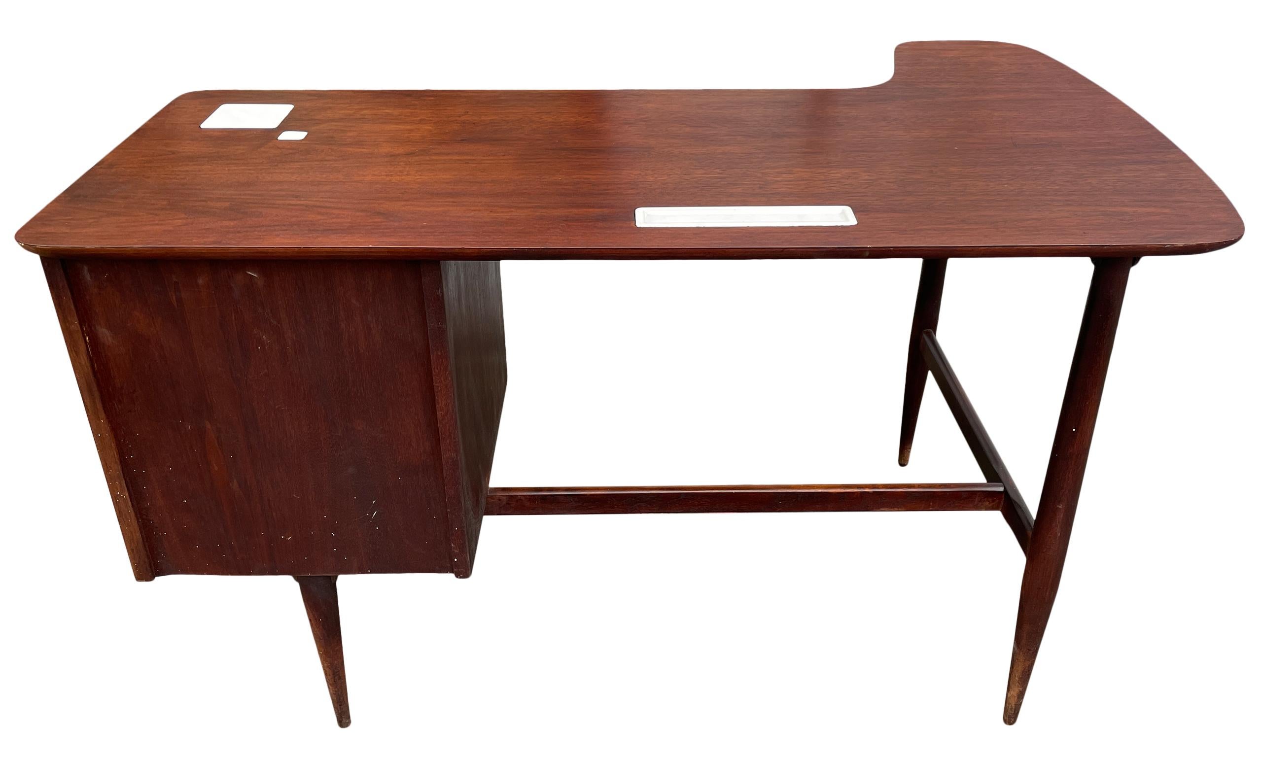Mid-Century Modern Walnut Curved Top Desk with 2 Drawers Ceramic Tiles & Knobs 2