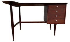Mid-Century Modern Walnut Curved Top Desk with 2 Drawers Ceramic Tiles & Knobs