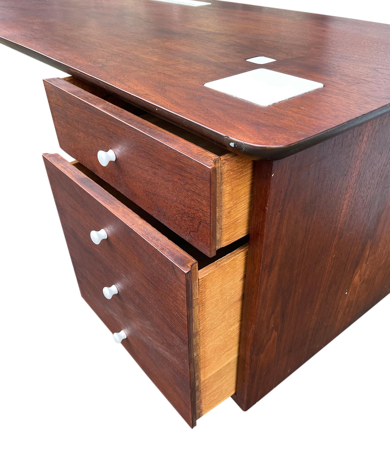 Mid-20th Century Mid-Century Modern Walnut Curved Top Desk with 2 Drawers Ceramic Tiles & Knobs