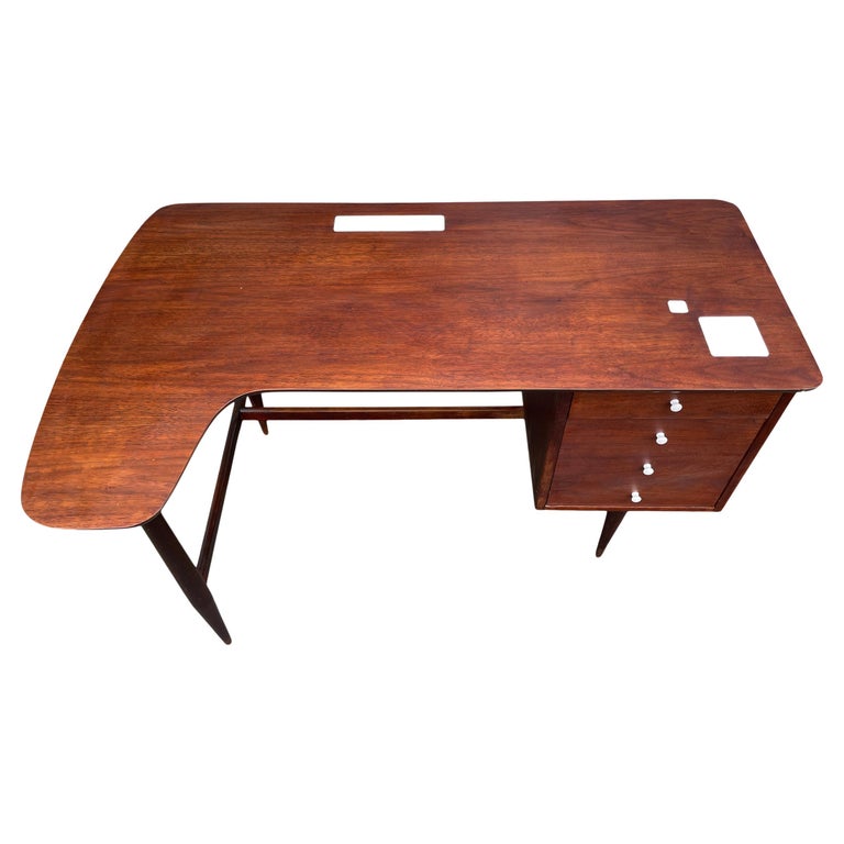 MidCentury Modern Walnut Curved Top Desk with 2 Drawers Ceramic Tiles and Knobs For Sale at