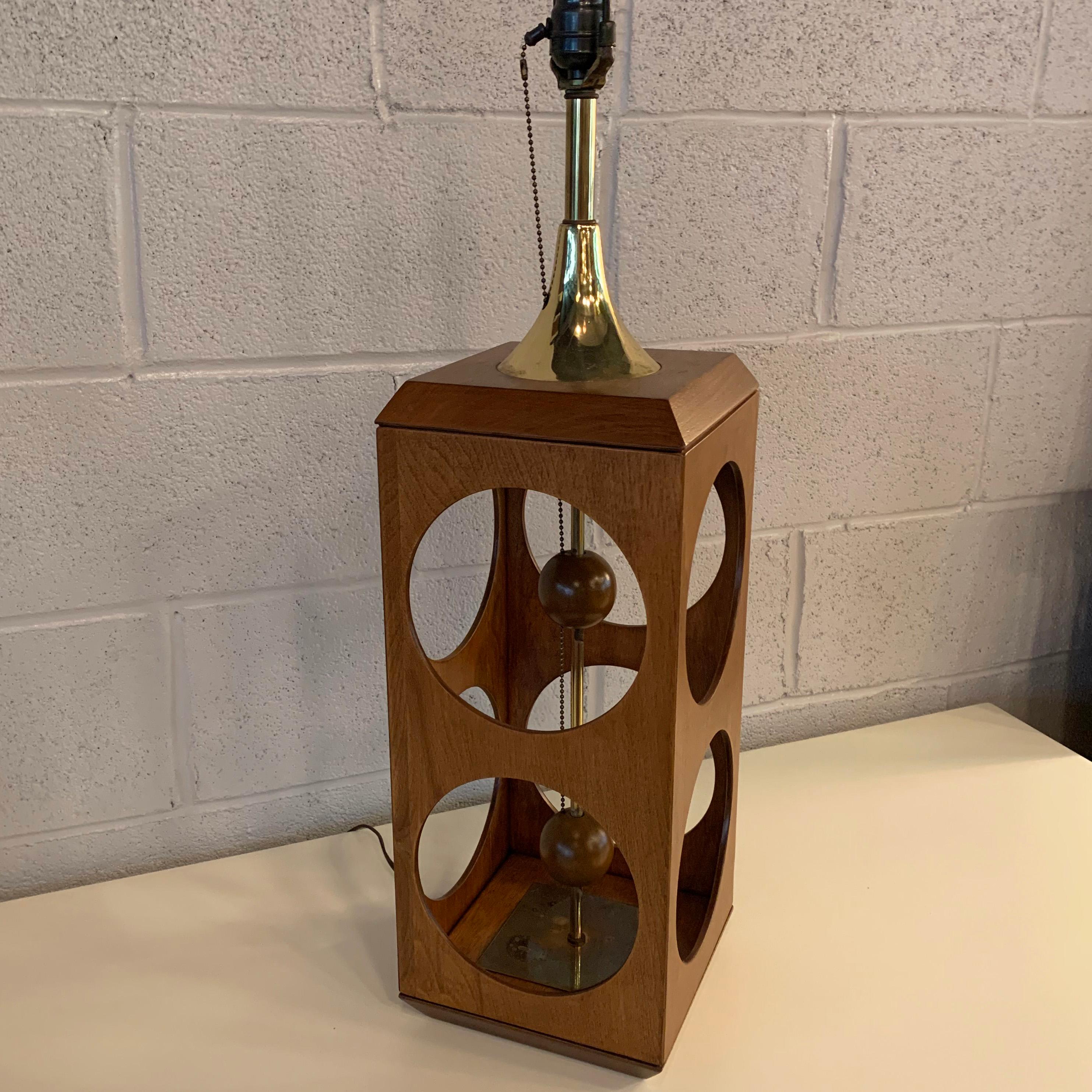 Brass Mid-Century Modern Walnut Cut-Out Cube Table Lamp