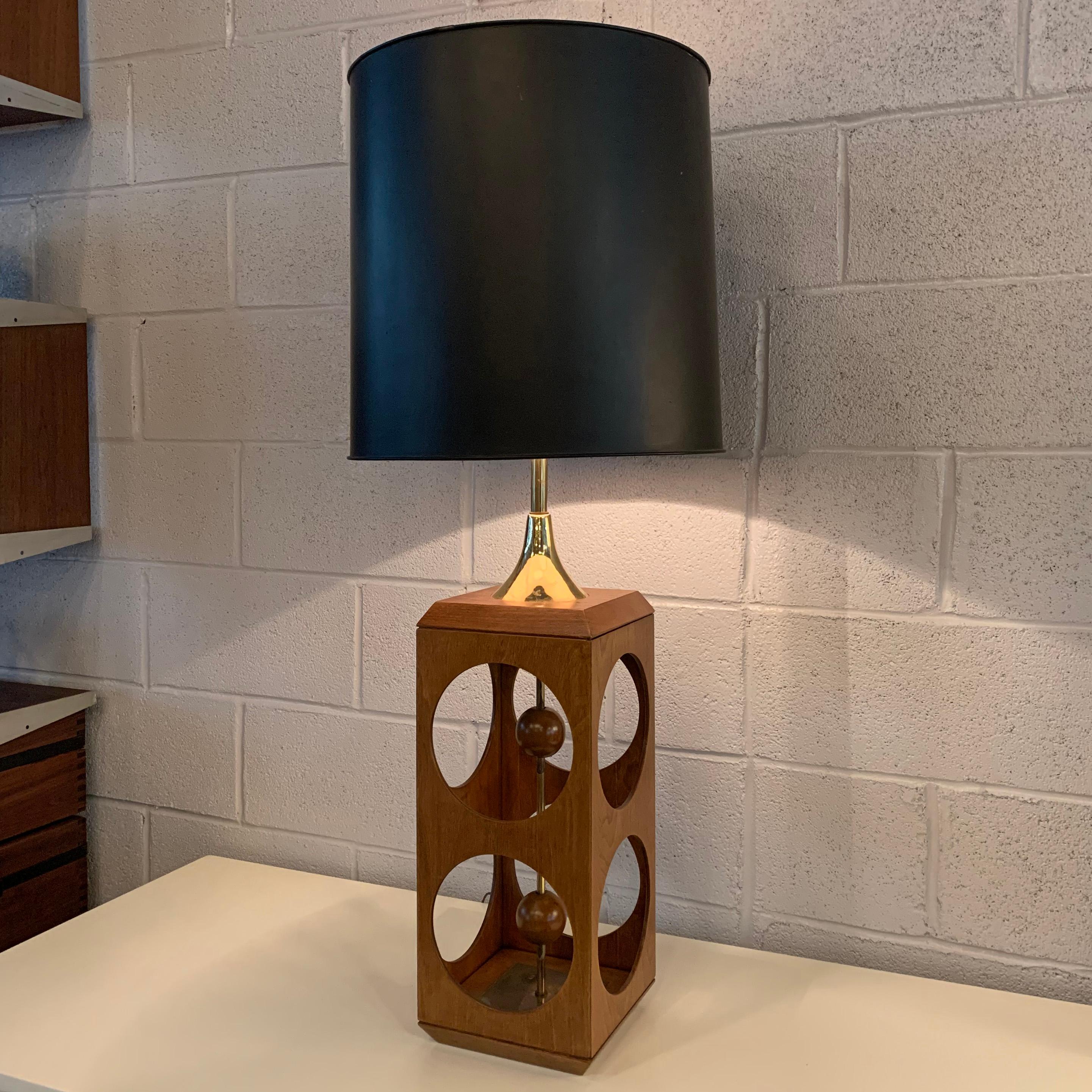 Mid-Century Modern Walnut Cut-Out Cube Table Lamp 1