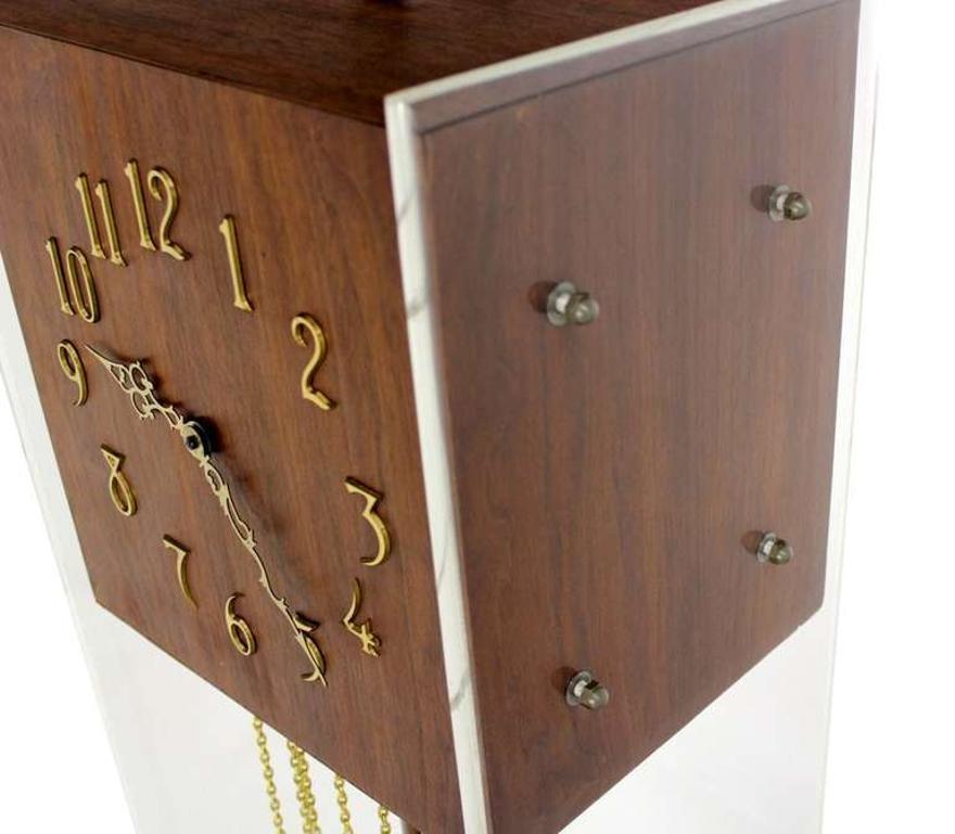 20th Century Mid Century Modern Walnut Designer Lucite Grandfather Clock with Chime MINT! For Sale