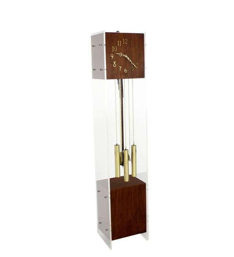 20th Century Mid Century Modern Walnut Designer Lucite Grandfather Clock with Chime MINT! For Sale