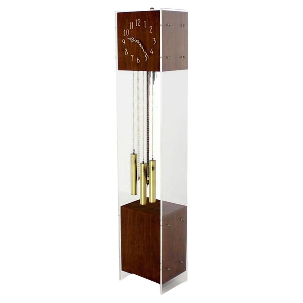 Mid Century Modern Walnut Designer Lucite Grandfather Clock with Chime MINT! For Sale