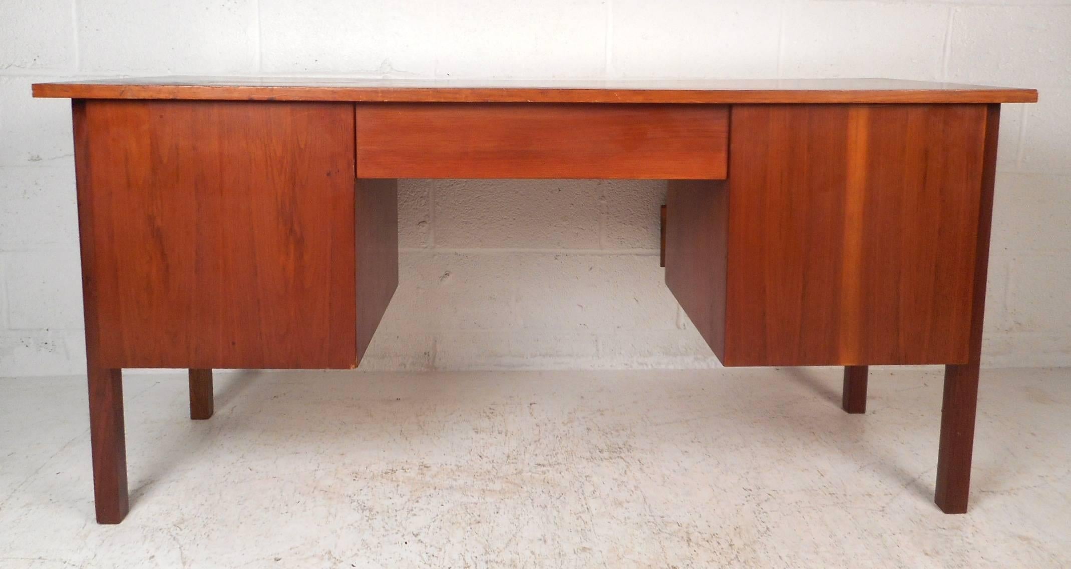 Metal Mid-Century Modern Walnut Desk with a Finished Back