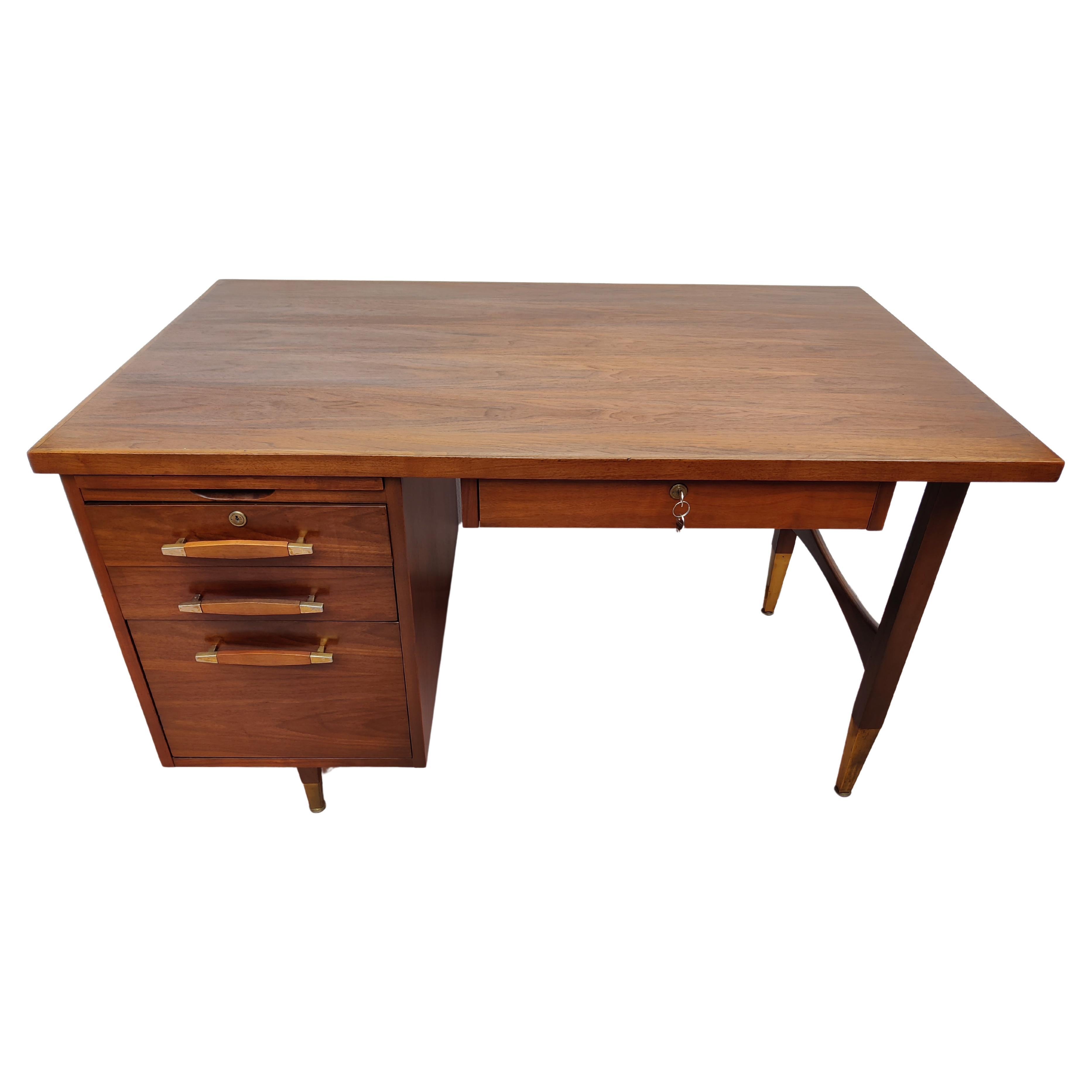 Mid Century Modern Walnut Desk with brass and walnut pulls For Sale
