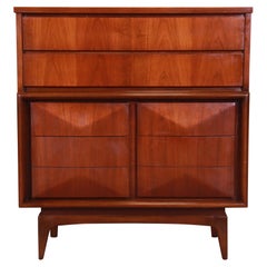 Mid-Century Modern Walnut Diamond Front Highboy Dresser by United, 1960s