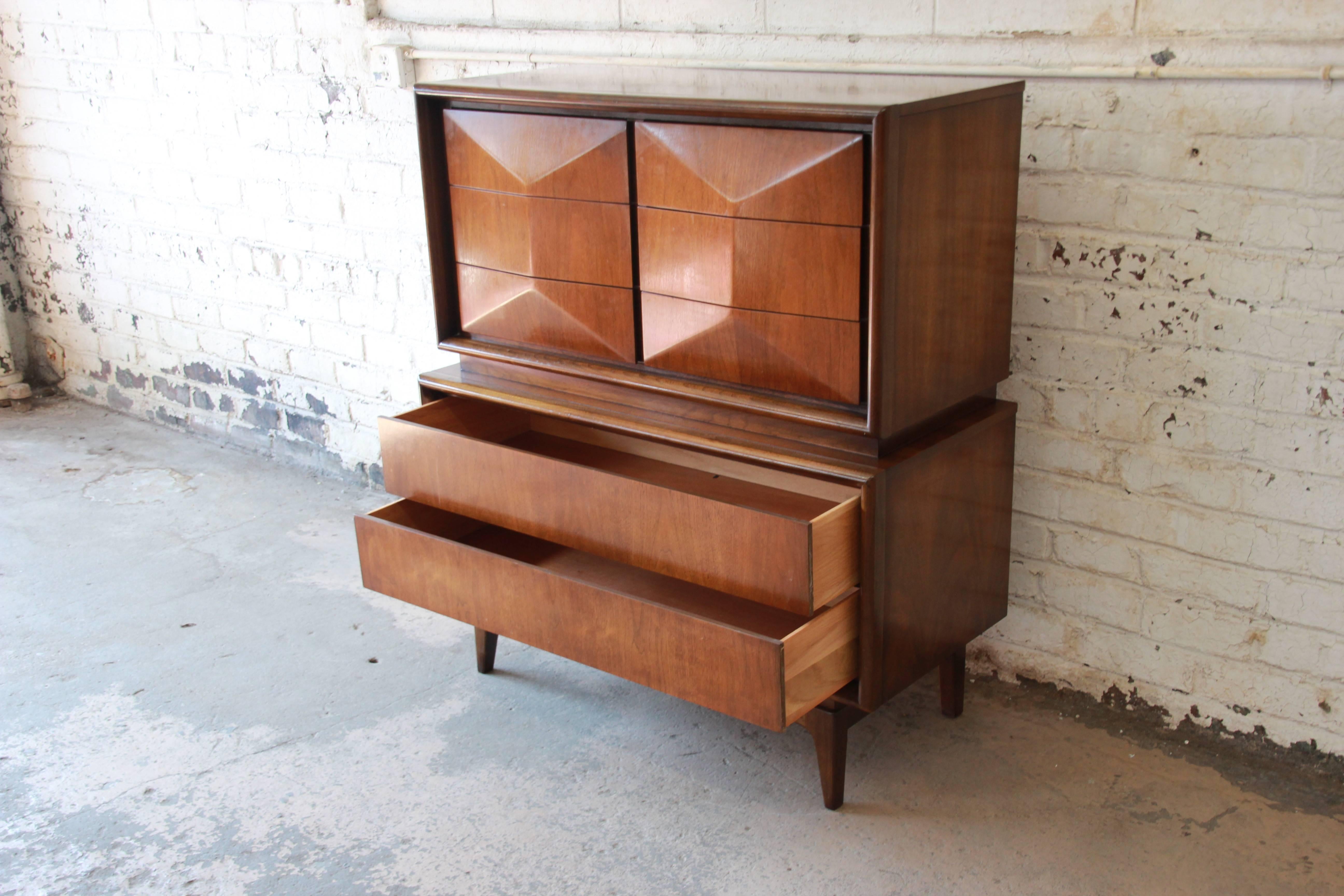 Mid-Century Modern Walnut Diamond Front Highboy Dresser by United 3