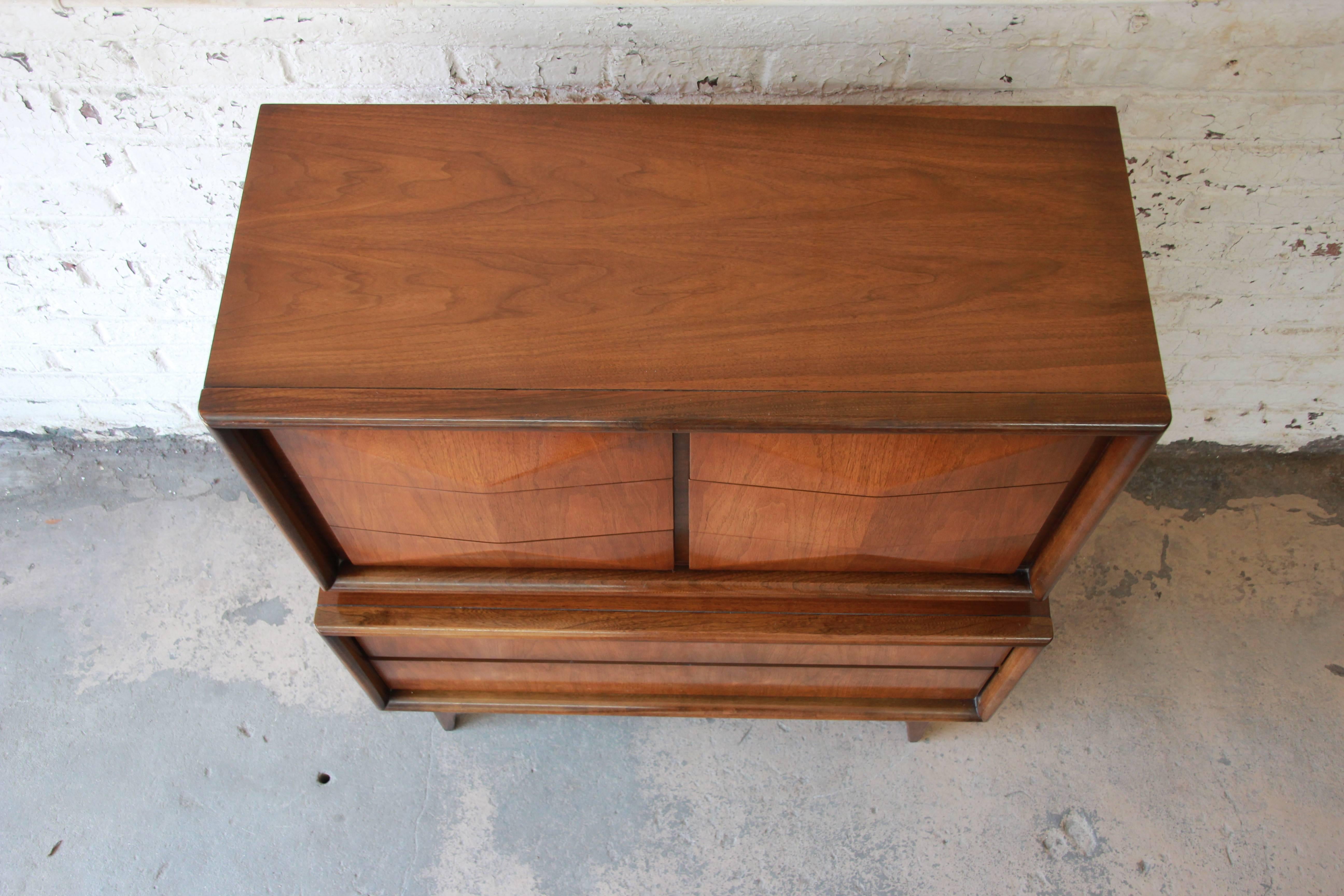 Mid-Century Modern Walnut Diamond Front Highboy Dresser by United 5